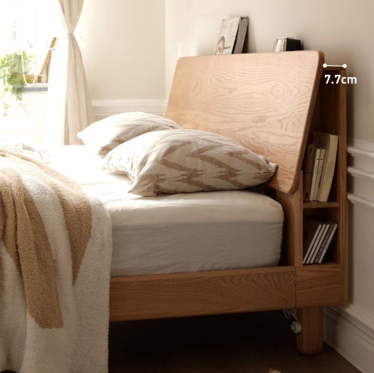 Solid Oak Wood Platform Bed with Bookshelf Headboard - Modern Bedroom Furniture for Small Spaces & Cozy Reading Nook