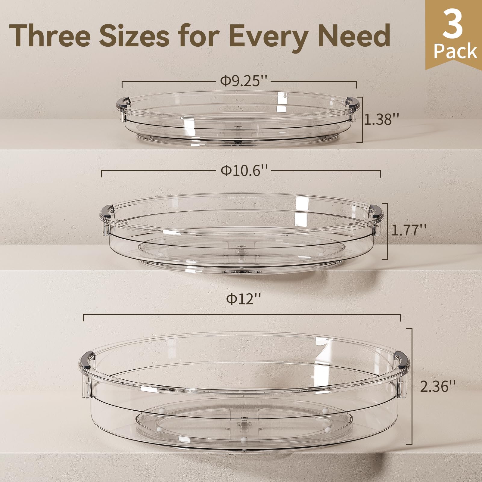 LAMU 3-Pack Lazy Susan Turntable Organizer for Kitchen Cabinet - 9.25