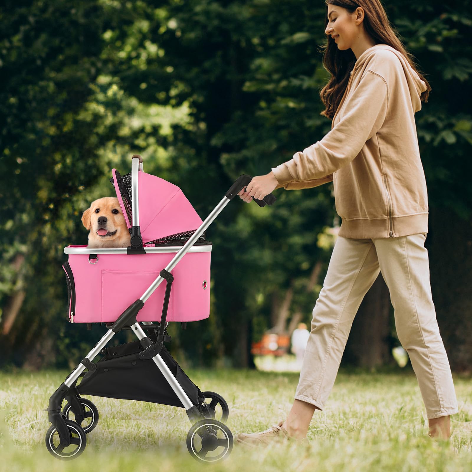 MoNiBloom Lightweight Pet Stroller for Small & Medium Dogs - Foldable Jogging Stroller with Detachable Carrier & Durable Aluminum Frame - Pink | Perfect for Walking, Traveling & Outdoor Adventures with Your Dog