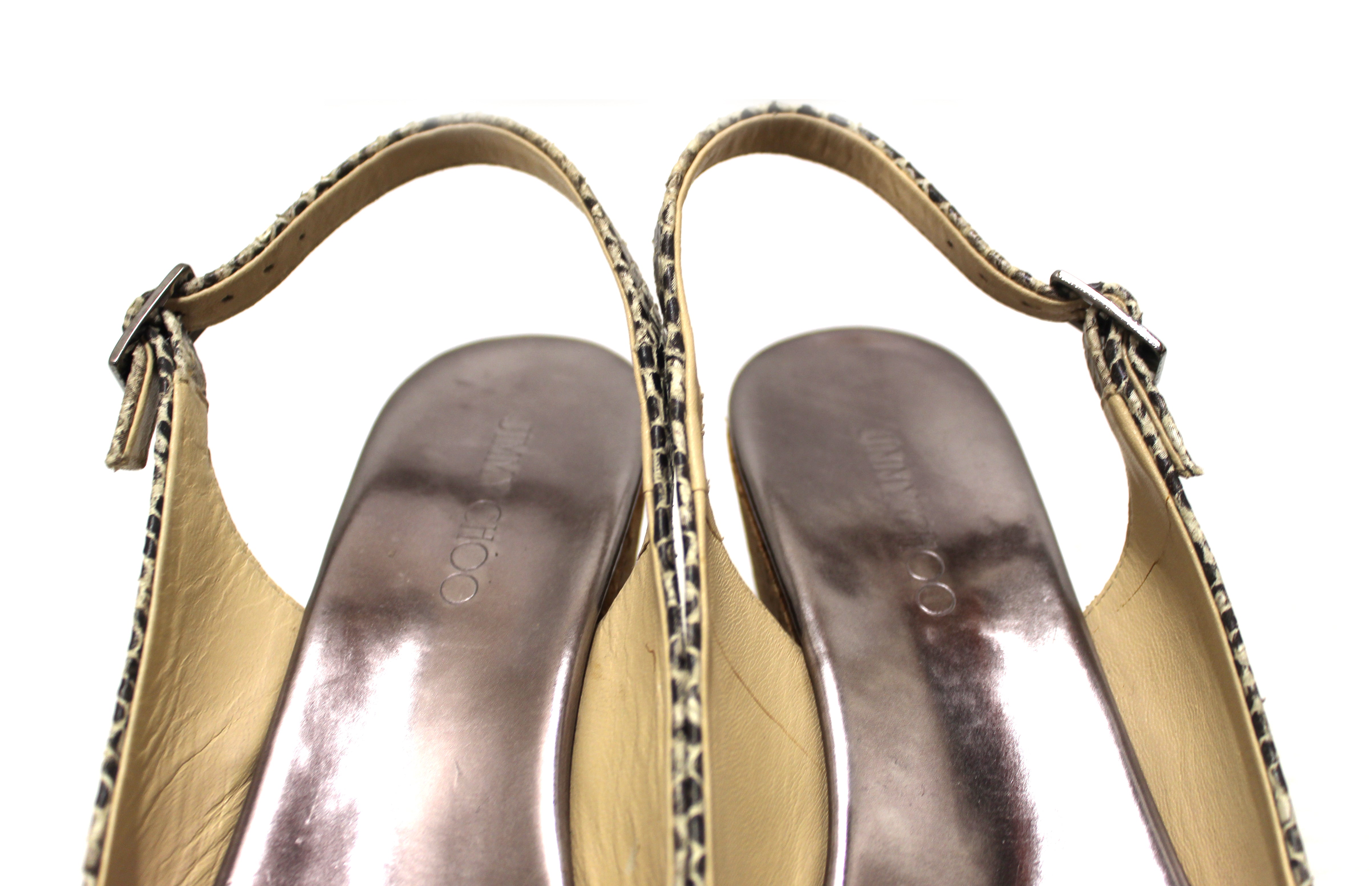 Authentic Jimmy Choo Snake Embossed Leather Cork Wedge Heel Sandals - Women's Size 37 (US 7) - Perfect for Weddings, Parties & Summer Outings