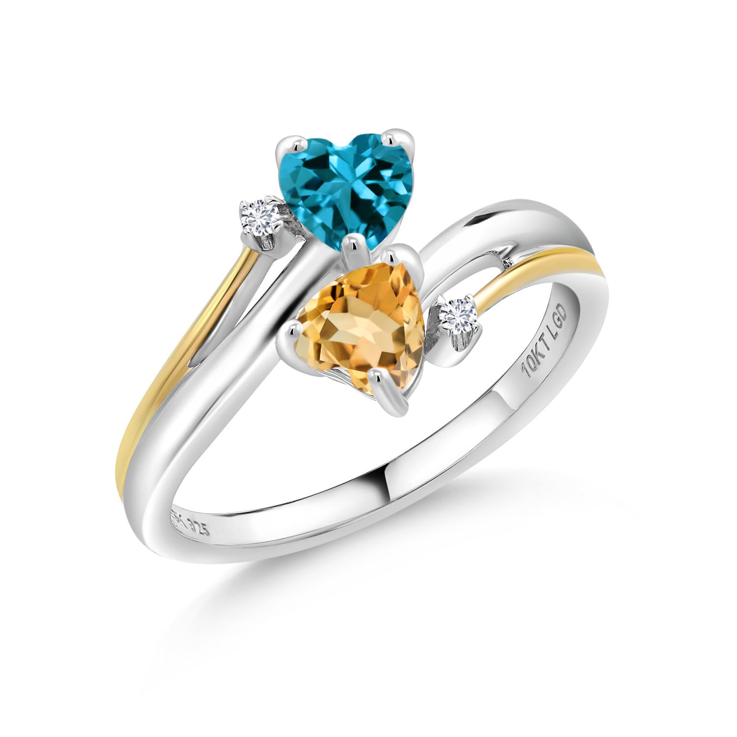 1.03 Ct London Blue Topaz & Yellow Citrine 925 Silver 10K Gold Lab-Grown Diamond Heart Promise Ring for Couples, Engagement, Mother's Day Gift - Perfect for Anniversaries, Valentine's Day & Special Occasions