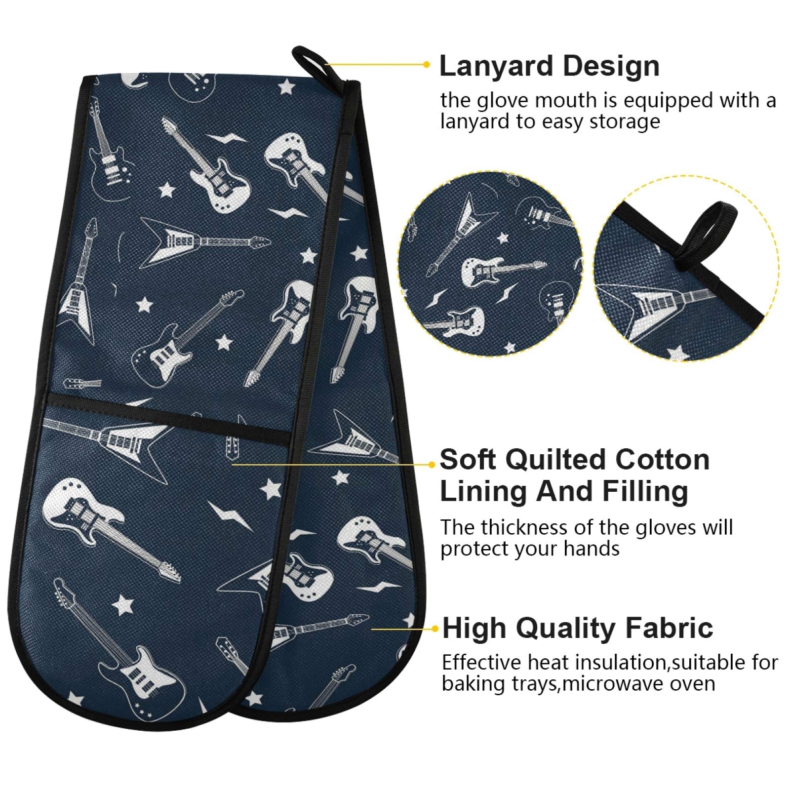 Blue Guitar Art Seamless Oven Mitts & Pot Holders Set - Heat Resistant BBQ Gloves for Cooking, Baking & Grilling - Funny Kitchen Mittens (35