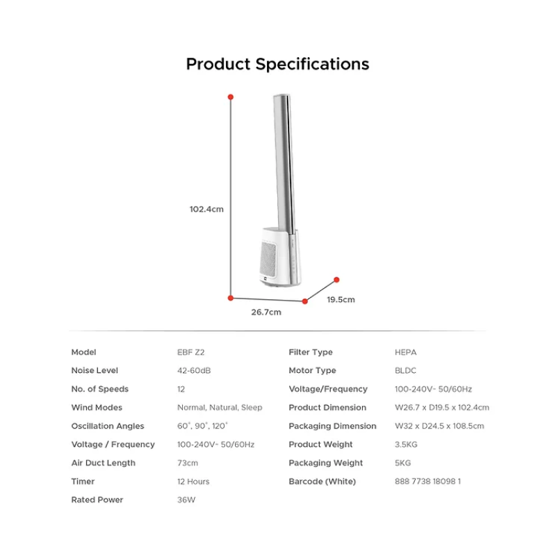 Europace EBFZ2WH Ultra Quiet Bladeless Fan - Energy Efficient, 3 Speed Settings, Perfect for Home, Office & Bedroom Cooling