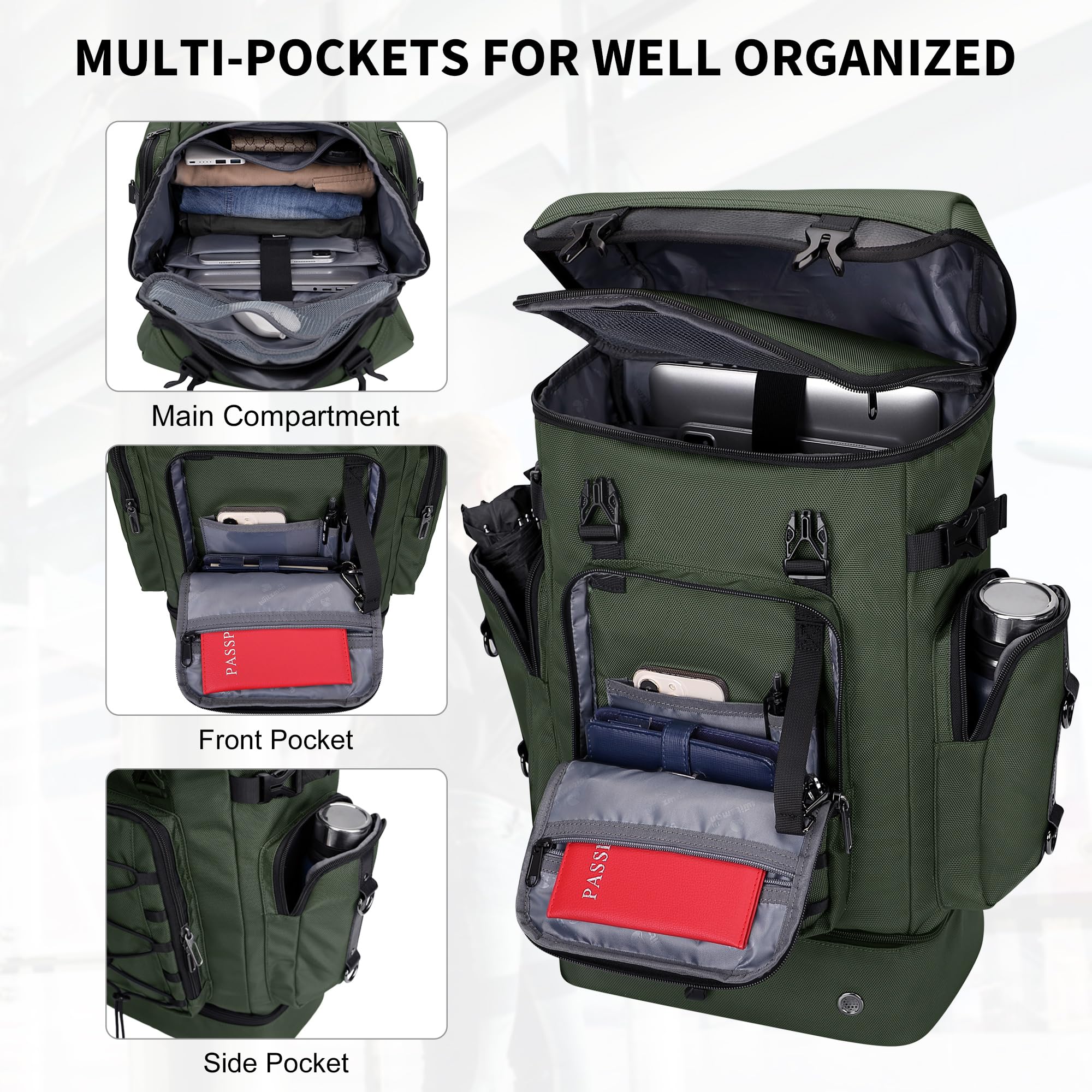WITZMAN Travel Backpack for Men & Women - Airline Approved Carry On Backpack with Shoe Compartment & Convertible Duffle Design (B691 Light Green) - Perfect for Business Trips, Weekend Getaways & Gym Use
