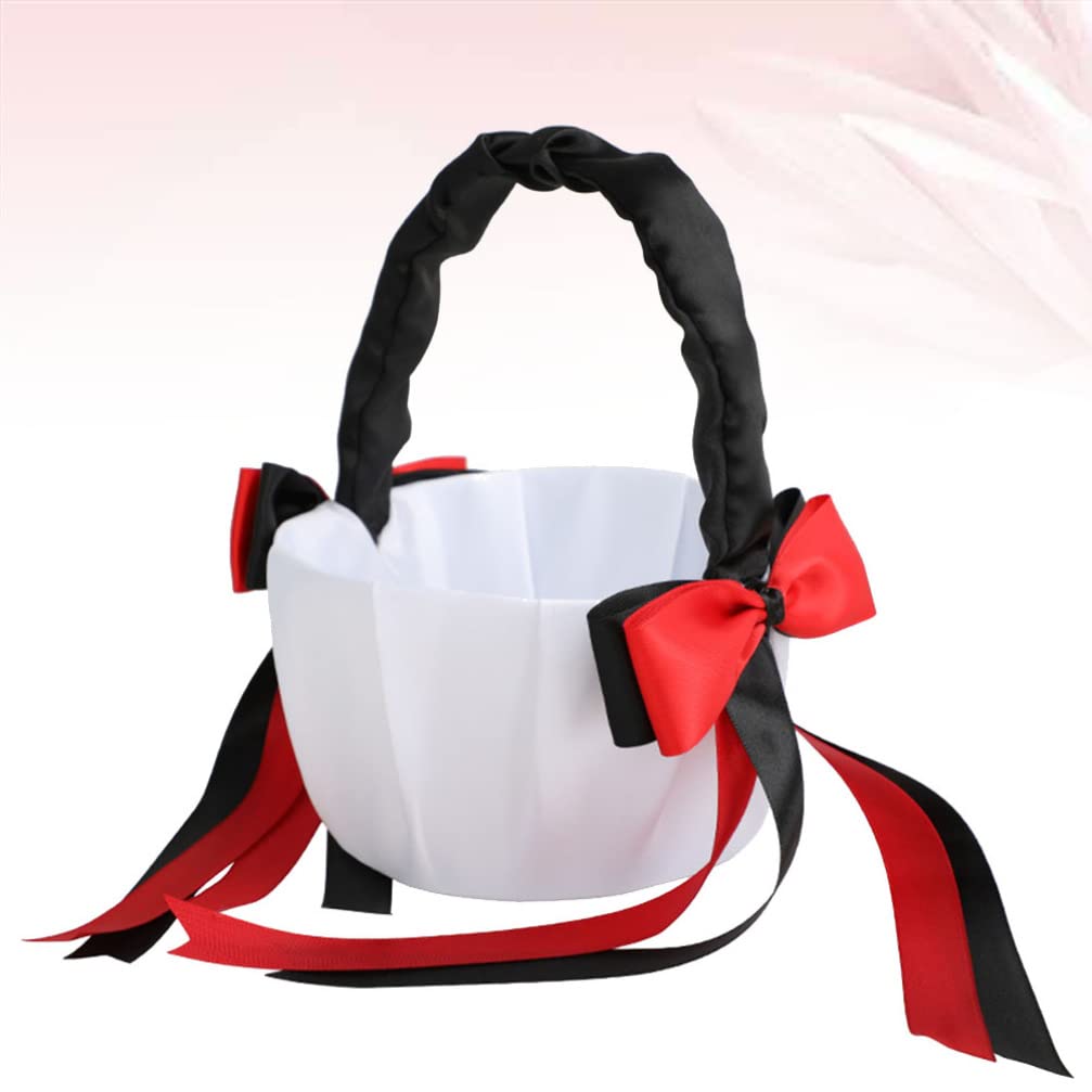 Elegant Black and Red Bowknot Flower Girl Basket with Handle - Wedding Ceremony Party Decoration for Romantic Bridal Showers, Receptions & Photo Props