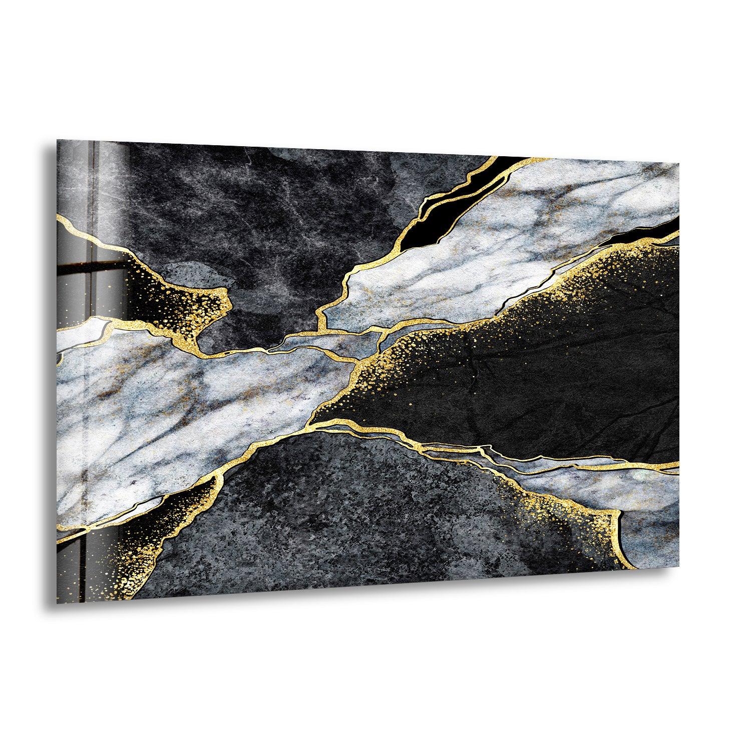 Elegant Black and White Marble with Golden Veins Glass Wall Art - Modern Home Decor for Living Room, Bedroom & Office