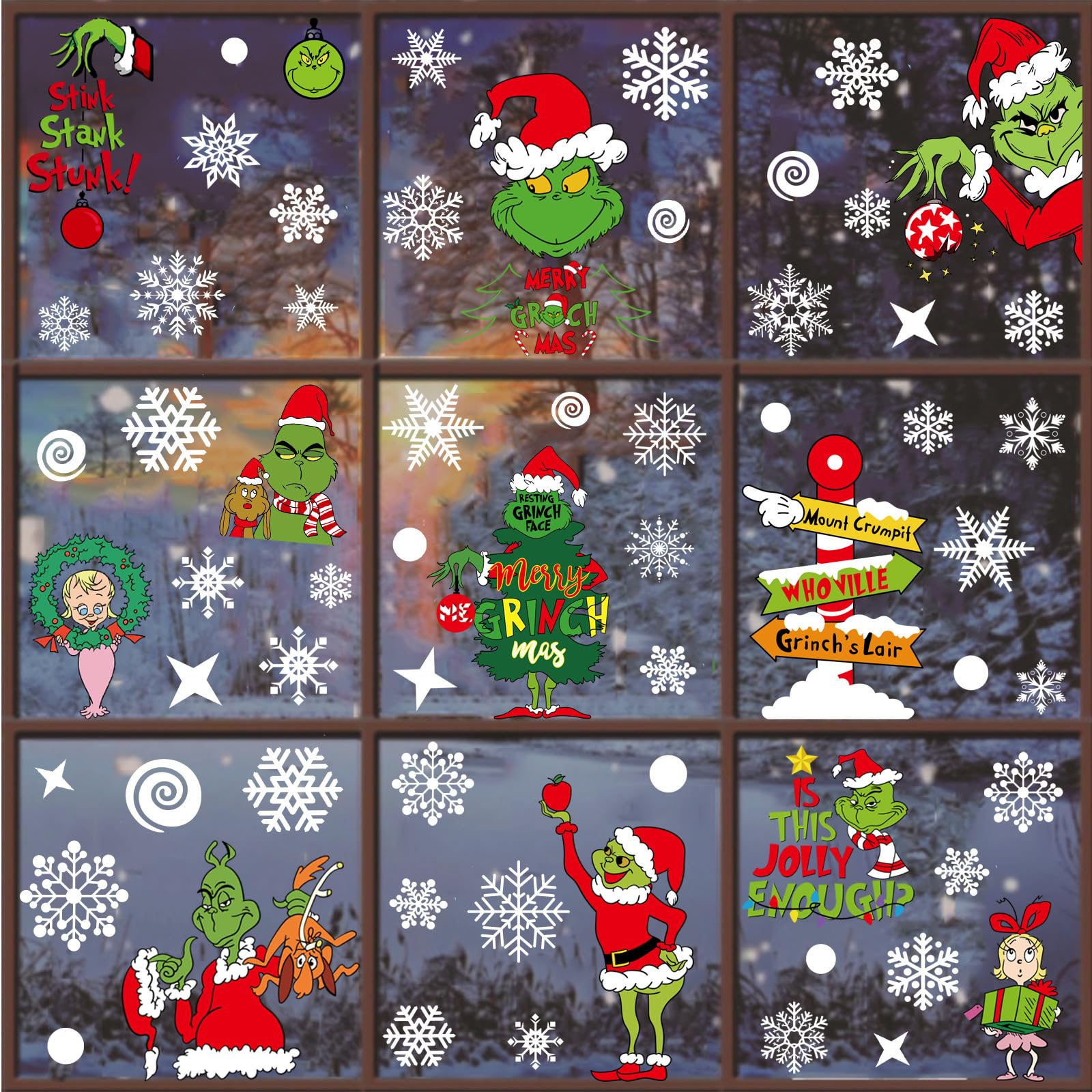 Grinch Waterproof Christmas Window Clings - Double Sided Holiday Stickers (9 Sheets) for Home, Office & Classroom Decorations