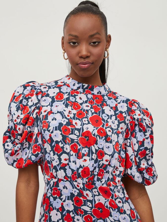 Elvita Midi Dress for Women - Navy & Red Floral Print Summer Casual Dress | Perfect for Beach, Party, and Everyday Wear