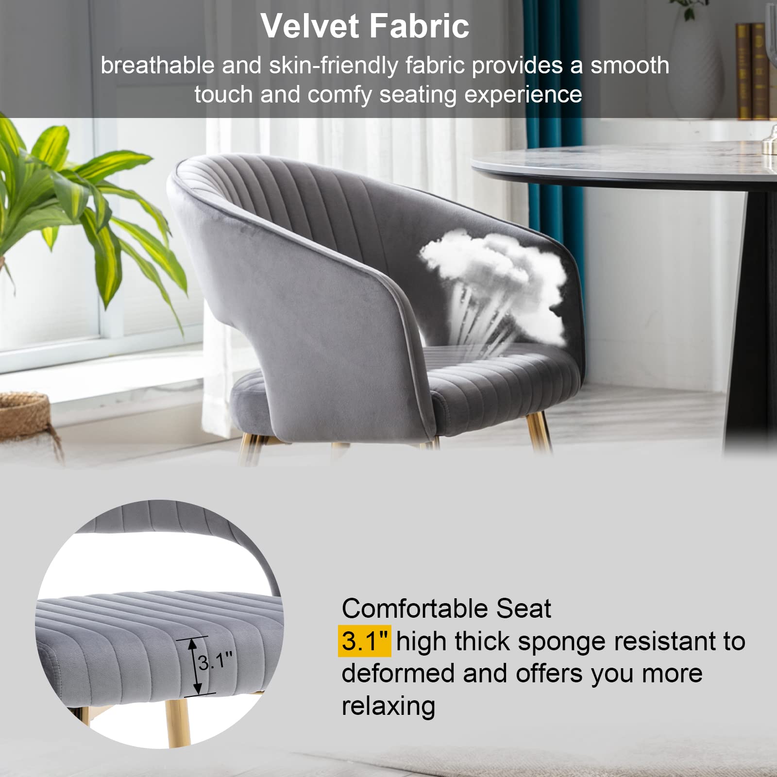 Modern Velvet Dining Chairs with Gold Metal Legs - Set of 4 Grey Upholstered Kitchen & Dining Room Chairs with Hollow Back Design - Elegant Accent Chairs for Living Room, Kitchen, Dining Area & Home Decor (Grey, 4 Pack)