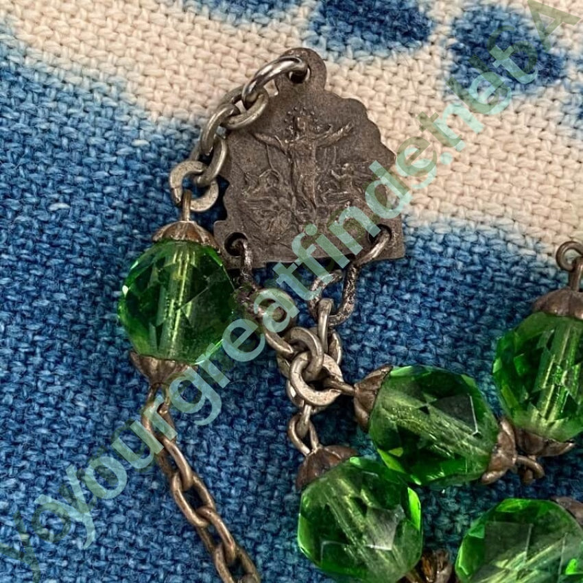 Vintage 7 Up Green Faceted Glass Bead Rosary - Antique Style Catholic Prayer Beads with Patina Finish for Collectors & Religious Devotion