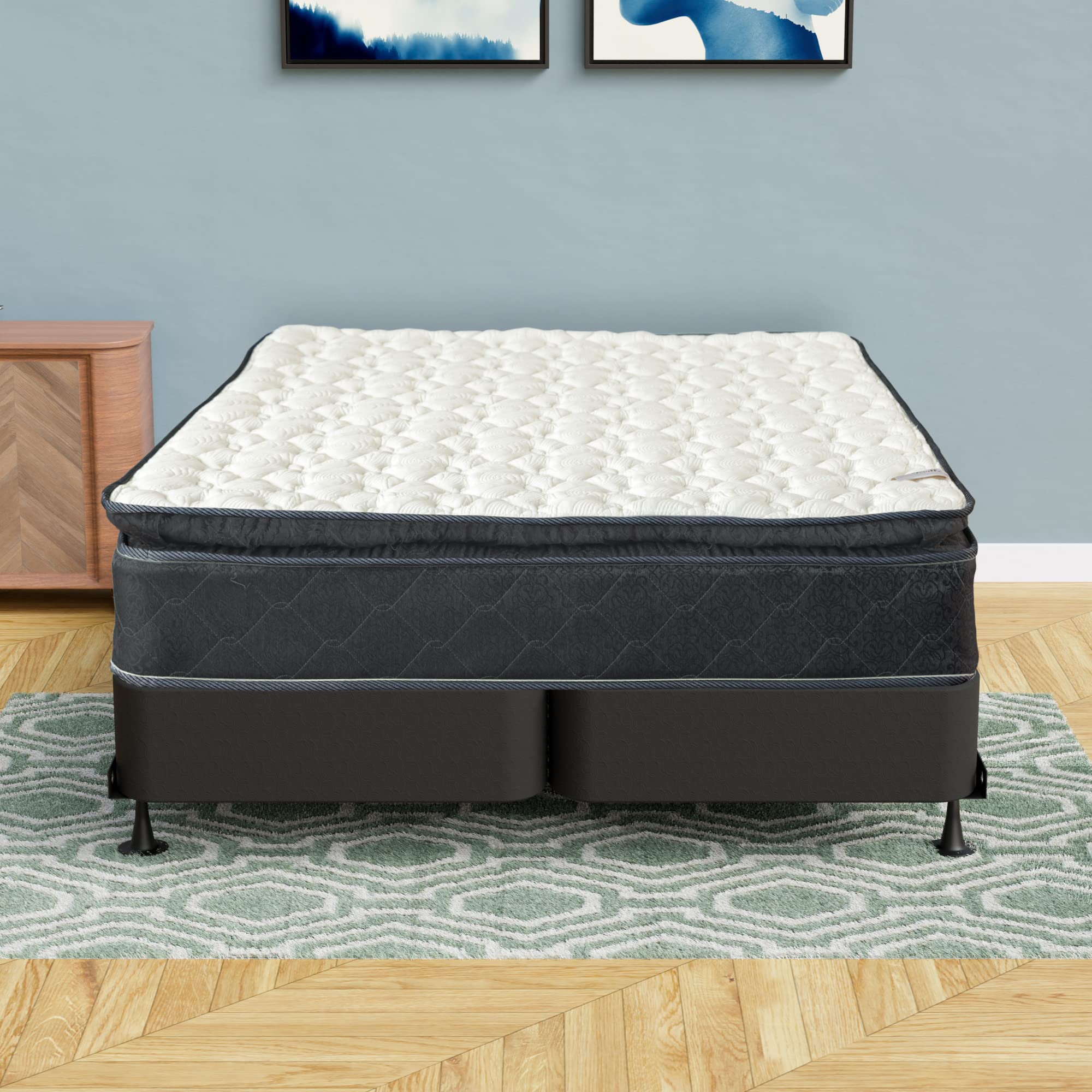 Treaton 9 Inch Full Hybrid Mattress - Medium Firm with Pocket Springs for Pressure Relief, Pillow Top, Includes 8” Wood Box Spring (Black) - Perfect for Back Pain Relief & Comfortable Sleep in Bedrooms, Guest Rooms, or Dormitories