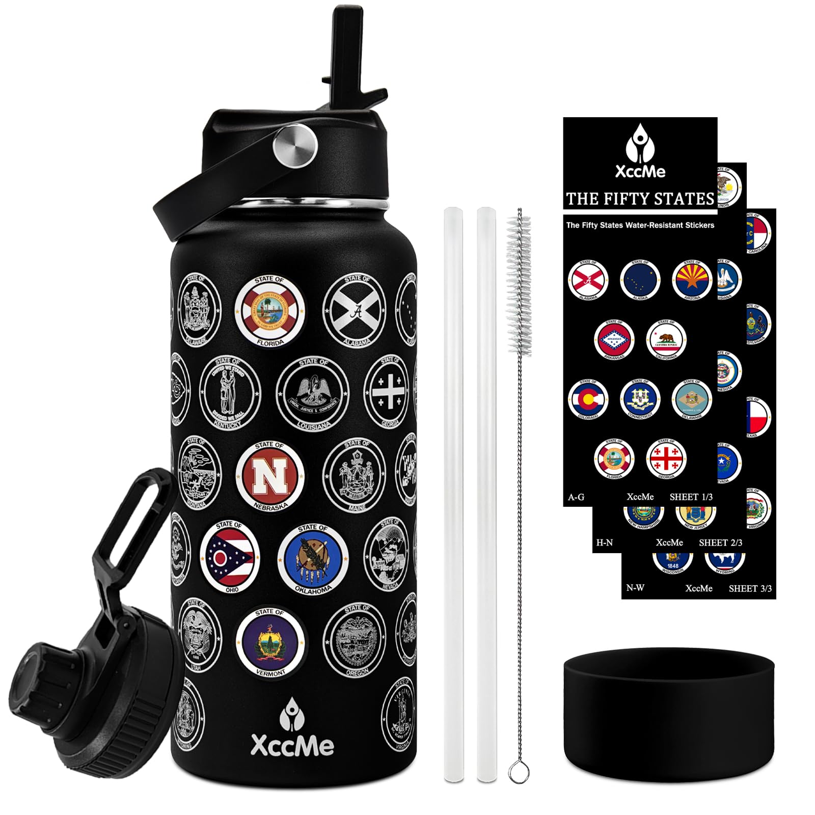 50 States Travel Water Bottle - 32oz Insulated Stainless Steel with 2 Lids, Stickers, Straw & Silicone Boot | Leakproof Vacuum Flask for Hiking, Camping & Road Trips | USA Bucket List Gift Idea (Black)
