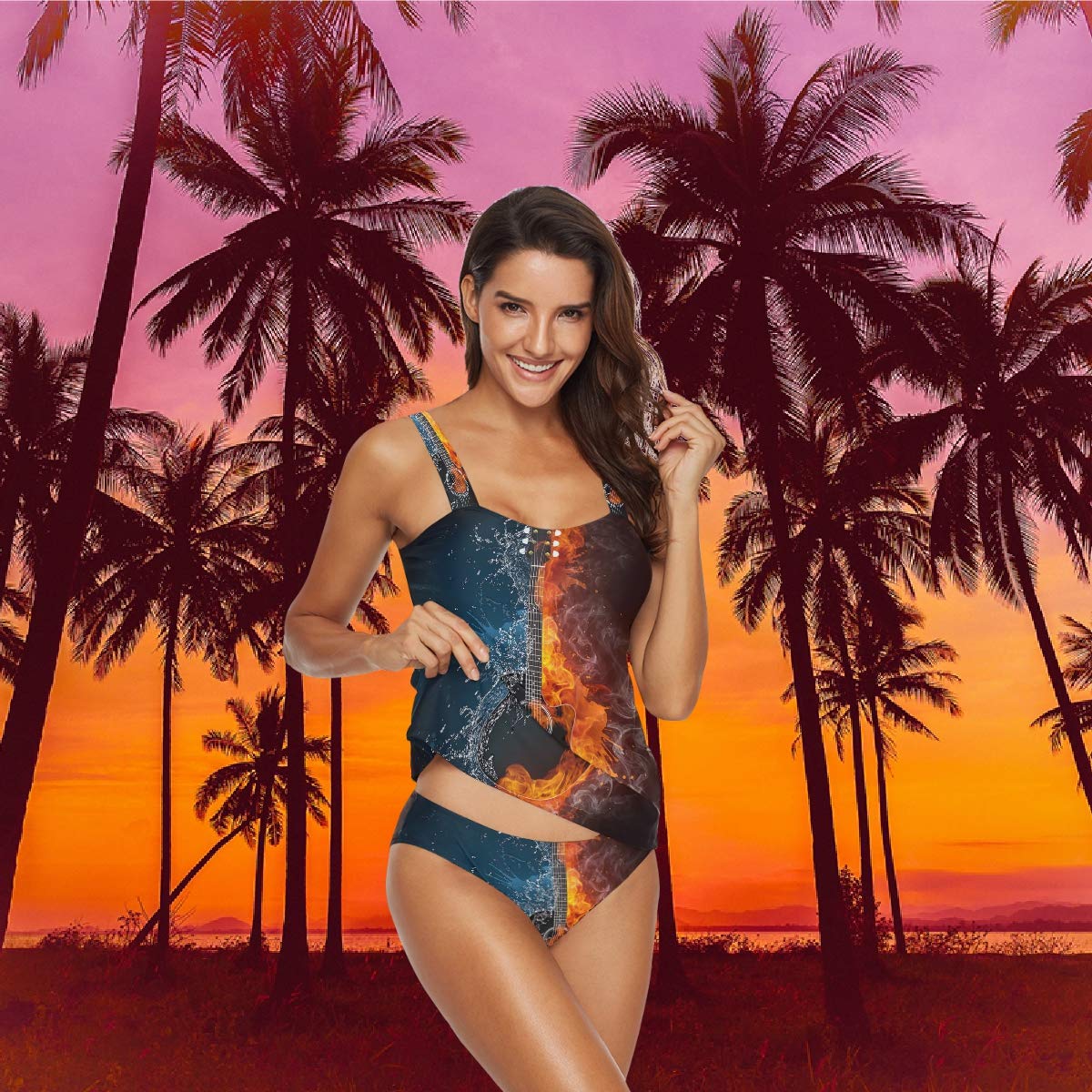 Women's Guitar Print Tankini Swimsuits - Floral Fire & Water Design Two-Piece Bathing Suit for Beach, Pool & Summer Vacations
