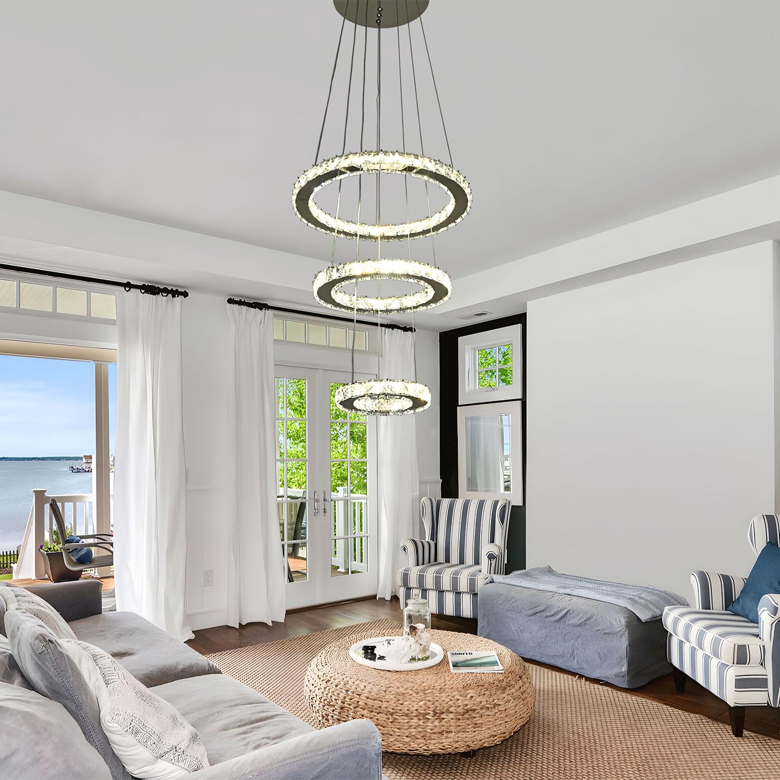 Naoeoon Modern LED Crystal Chandelier - 48W Dimmable Pendant Light with 3 Crystal Rings, 3000K-6500K Color Temperature, 9100LM Brightness for Dining Room, Kitchen Island & Foyer Lighting