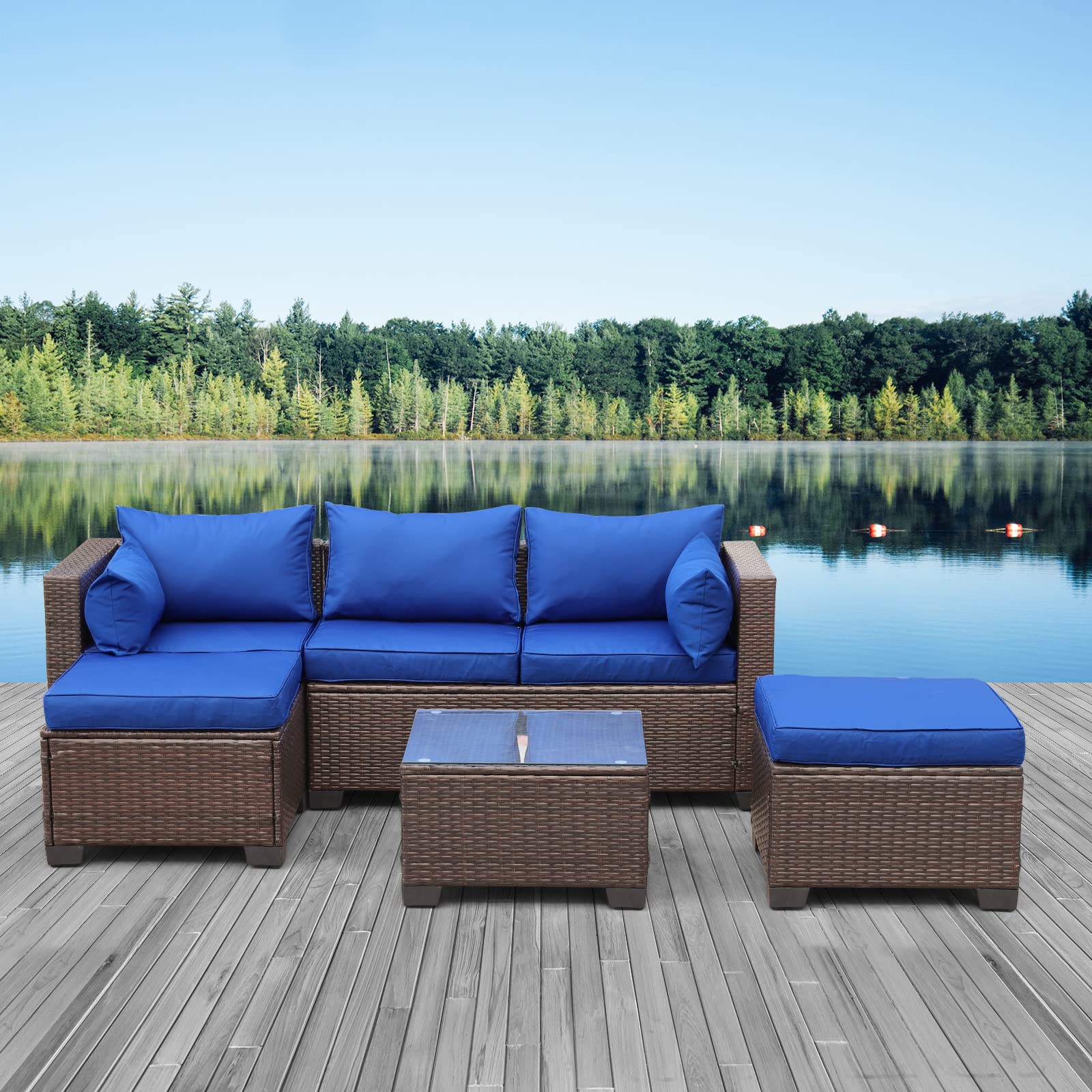 Outdoor Patio Furniture Set 4-Piece Brown PE Rattan Sectional Sofa with Royal Blue Cushions - Perfect for Garden, Backyard, and Poolside Relaxation