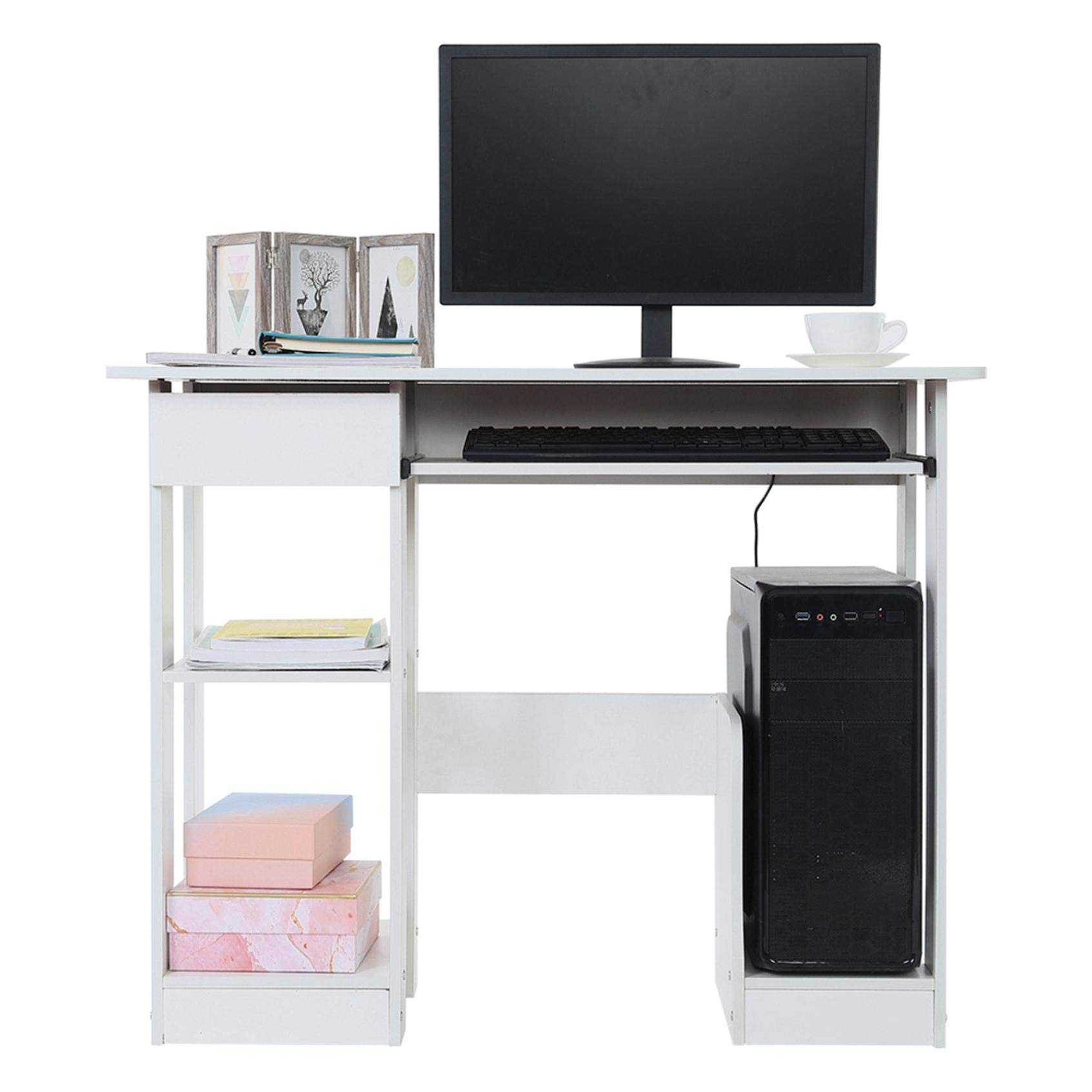 Modern White Corner Computer Desk with Drawer & Storage Shelves - 35.4