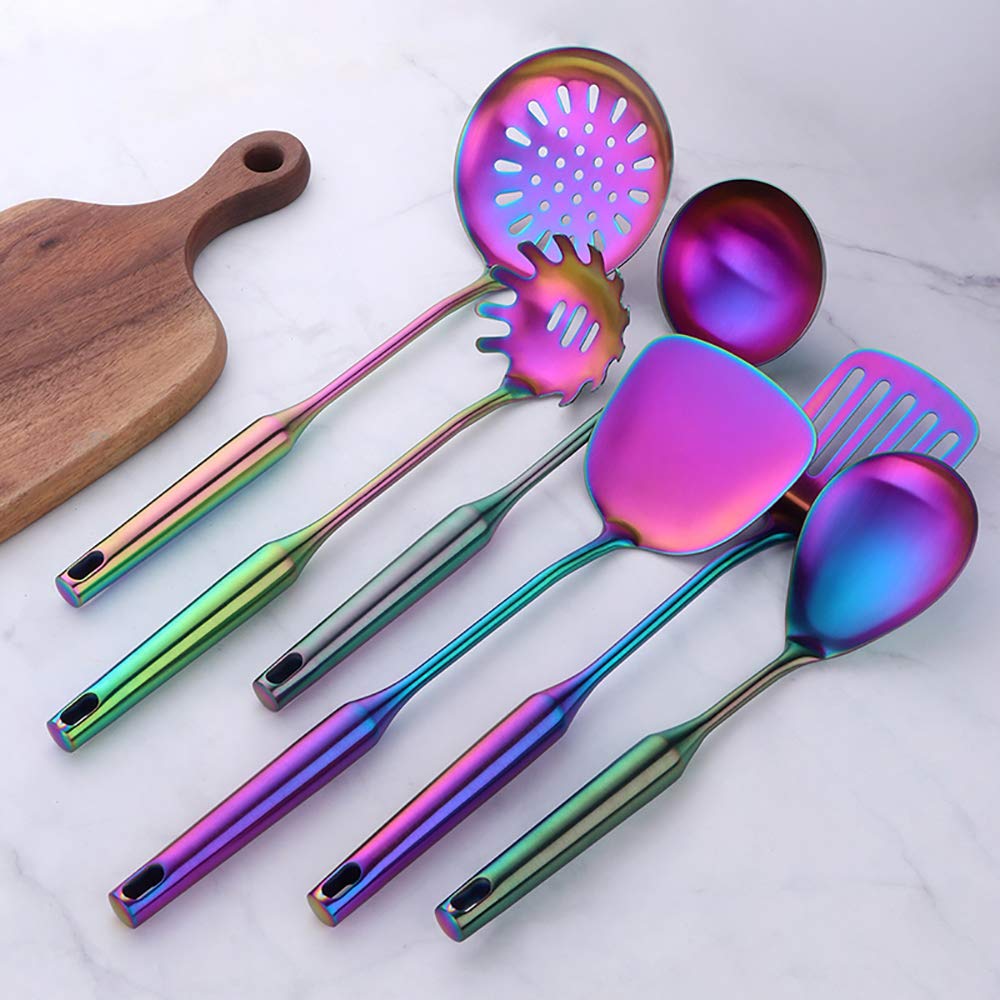 Premium 18/8 Stainless Steel Kitchen Utensil Set - 10 Piece Non-Tick Cooking Tools with Long Handles (Rainbow Color) for Baking, Frying & Everyday Cooking - Dishwasher Safe Kitchenware Gift Set