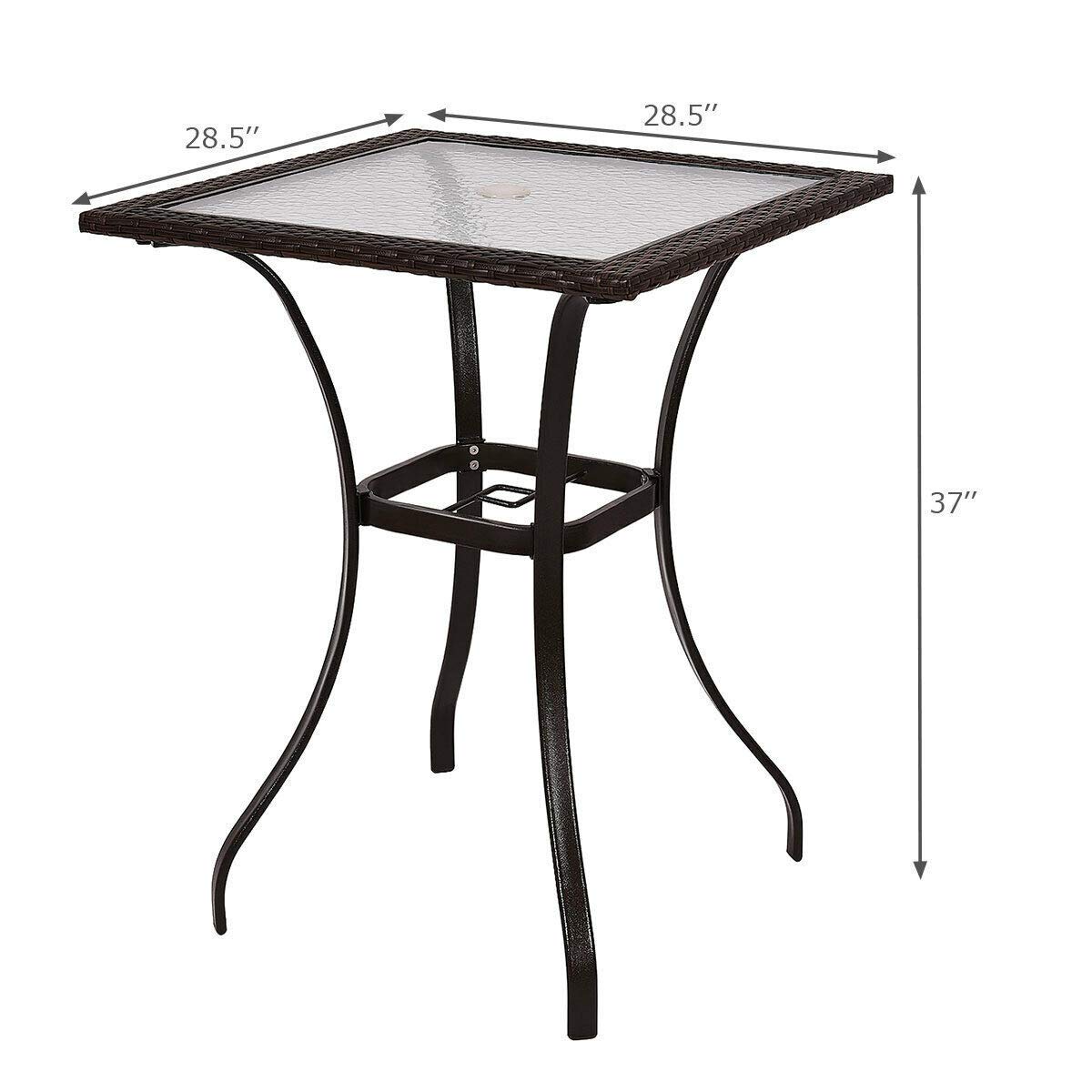 Rattan Bar Square Table with Glass Top & Steel Frame - Outdoor Bistro Table for Patio, Garden, Backyard - Perfect for Dining, Entertaining & Relaxing