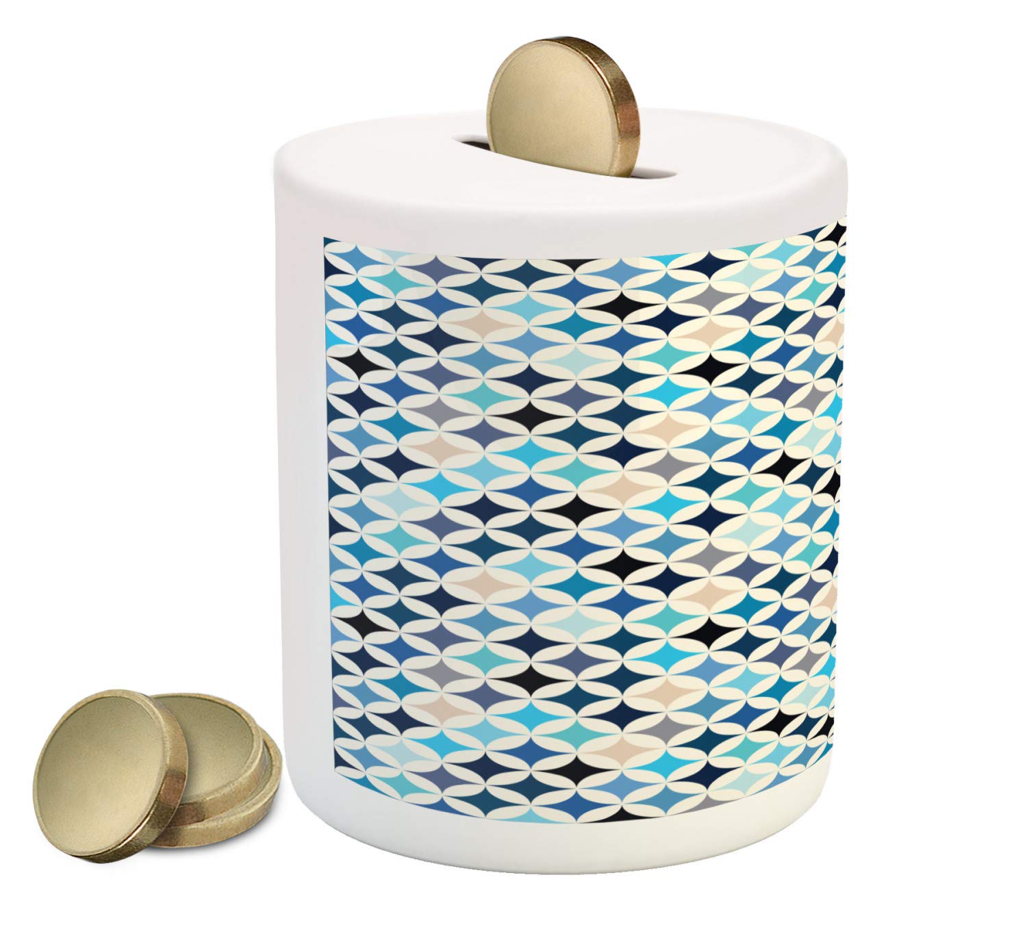 Ambesonne Modern Ceramic Piggy Bank - Geometric Circles & Half Round Square Design in Blue Tones - Money Saving Coin Bank for Kids & Adults - Perfect for Birthday Gifts, Home Decor, and Financial Education