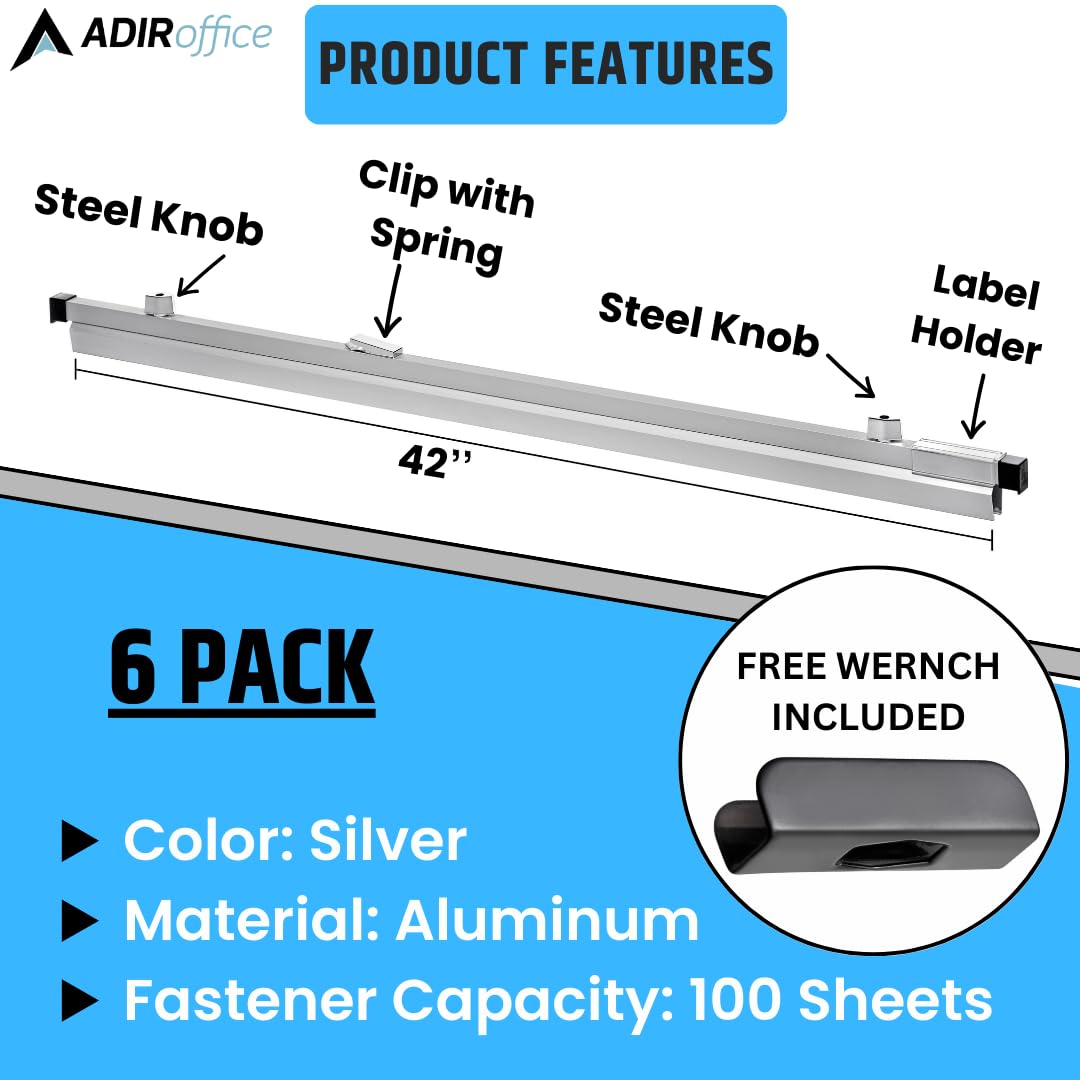 42-Inch Adir Blueprint Clamp - Heavy Duty Blueprint Clips & Binding Strips for Architects, Engineers & Contractors | Perfect for Organizing Construction Plans, Posters, Maps & Large Documents (Pack of 6) | Ideal for Job Sites, Offices & Drafting Rooms
