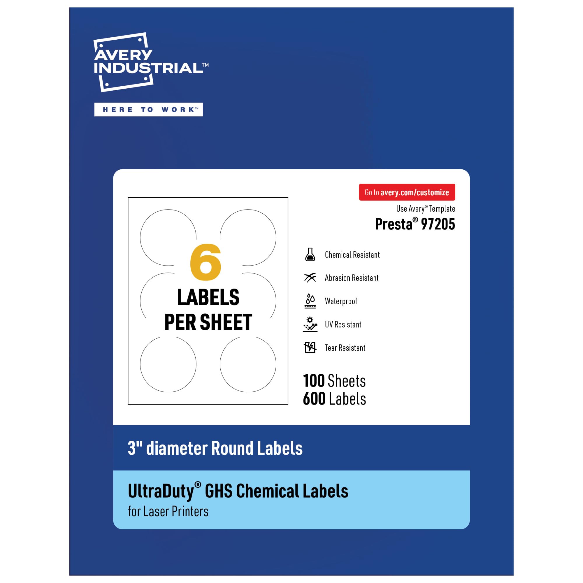 Avery UltraDuty GHS Labels - 3 Inch Round Waterproof Labels (600 Pack, White) for Laser Printers - Perfect for Chemical Containers, Safety Signs & Workplace Hazard Identification
