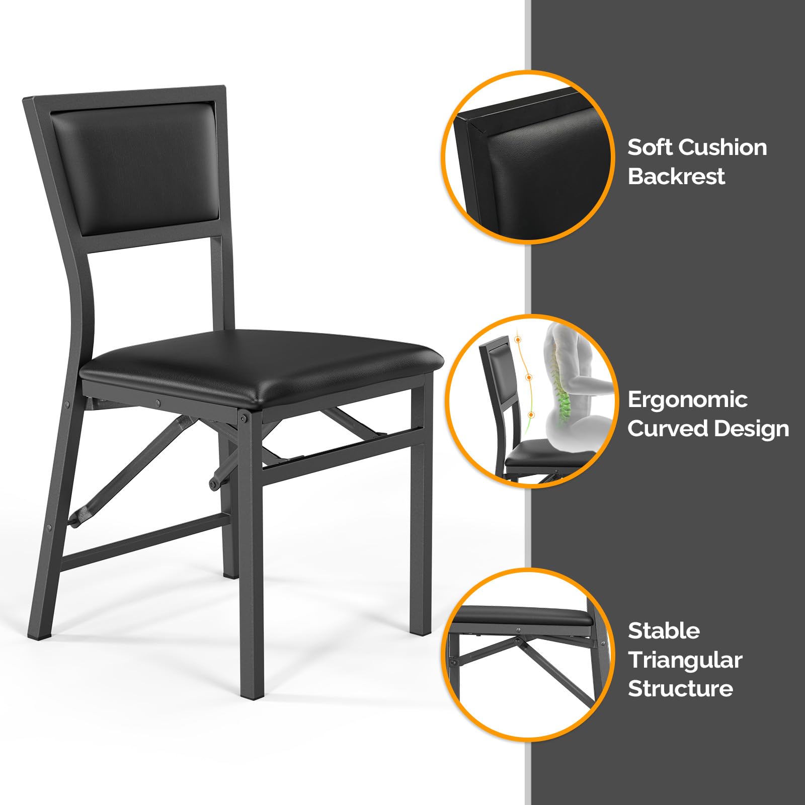 VINGLI Padded Folding Chairs - Heavy Duty Foldable Dining Chairs with Comfortable Cushion, Sturdy Metal Frame for Small Spaces, Black (2-Pack) - Perfect for Indoor/Outdoor Events, Parties, Camping & Home Use