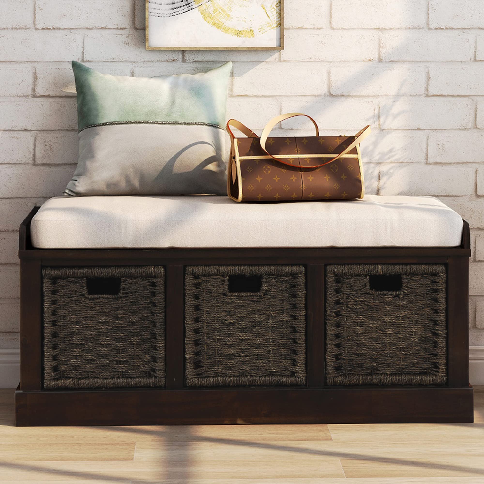 Rustic Wood Entryway Storage Bench with Removable Cushion & 3 Classic Rattan Baskets - Espresso Finish for Hallway, Living Room & Bedroom | Perfect for Organizing Shoes, Coats & Home Decor