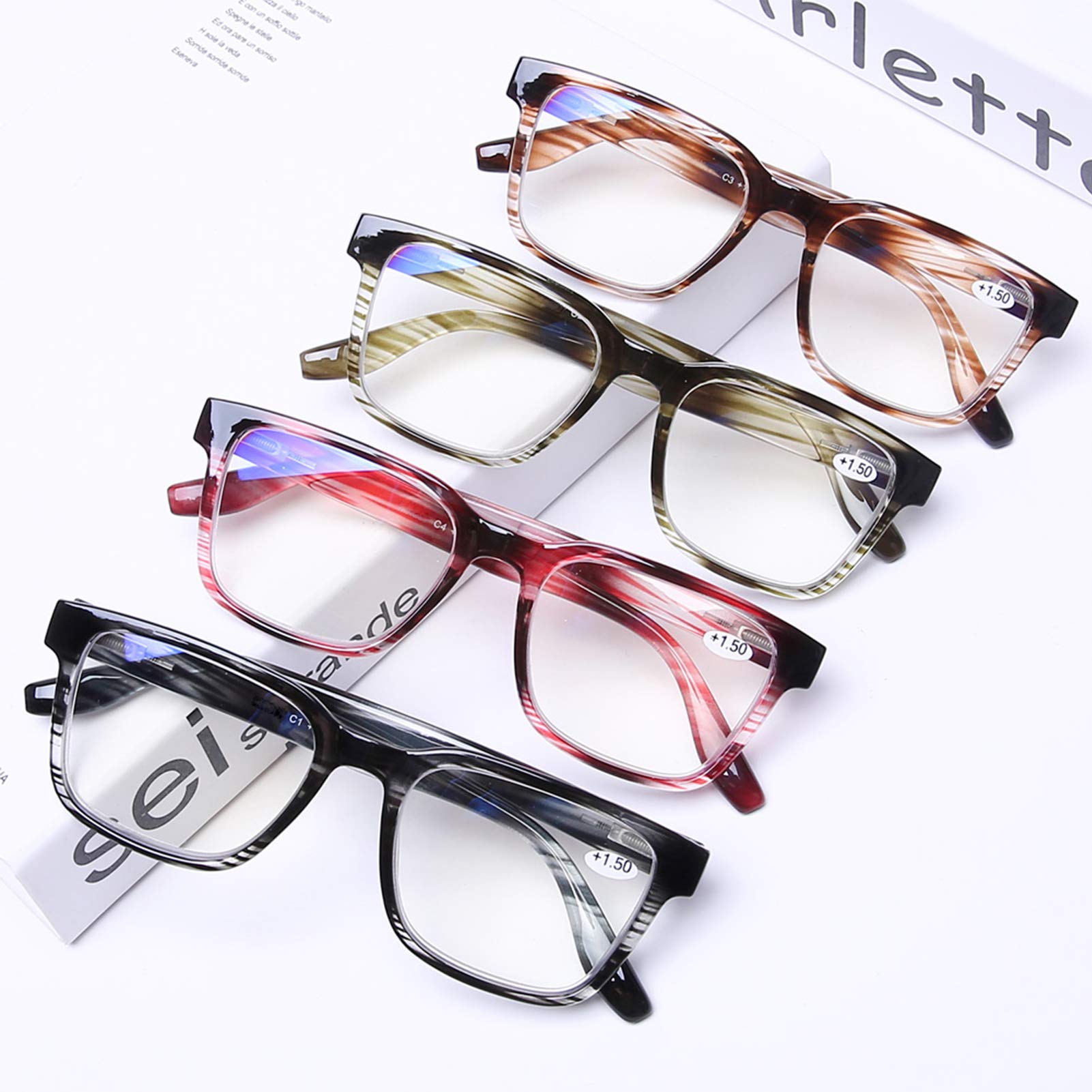 DOOViC 4 Pack Blue Light Blocking Reading Glasses for Women - Anti Eyestrain Computer Glasses with Spring Hinge, Fashion Striped Design, 2.50 Strength - Perfect for Office Work, Online Shopping & Reading eBooks