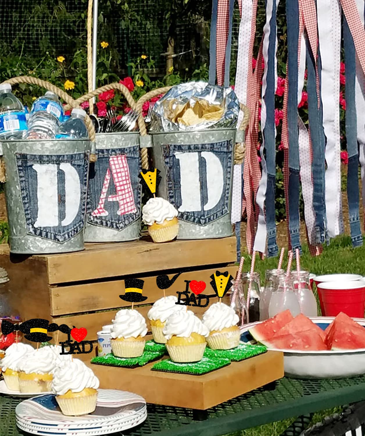 36Pcs Black Glitter Cupcake Toppers for Father's Day - I Love Dad Cake Decorations with Bow Tie, Mustache, Hat & Necktie - Perfect for Father's Birthday Party, DIY Cake Decorating & Holiday Celebrations