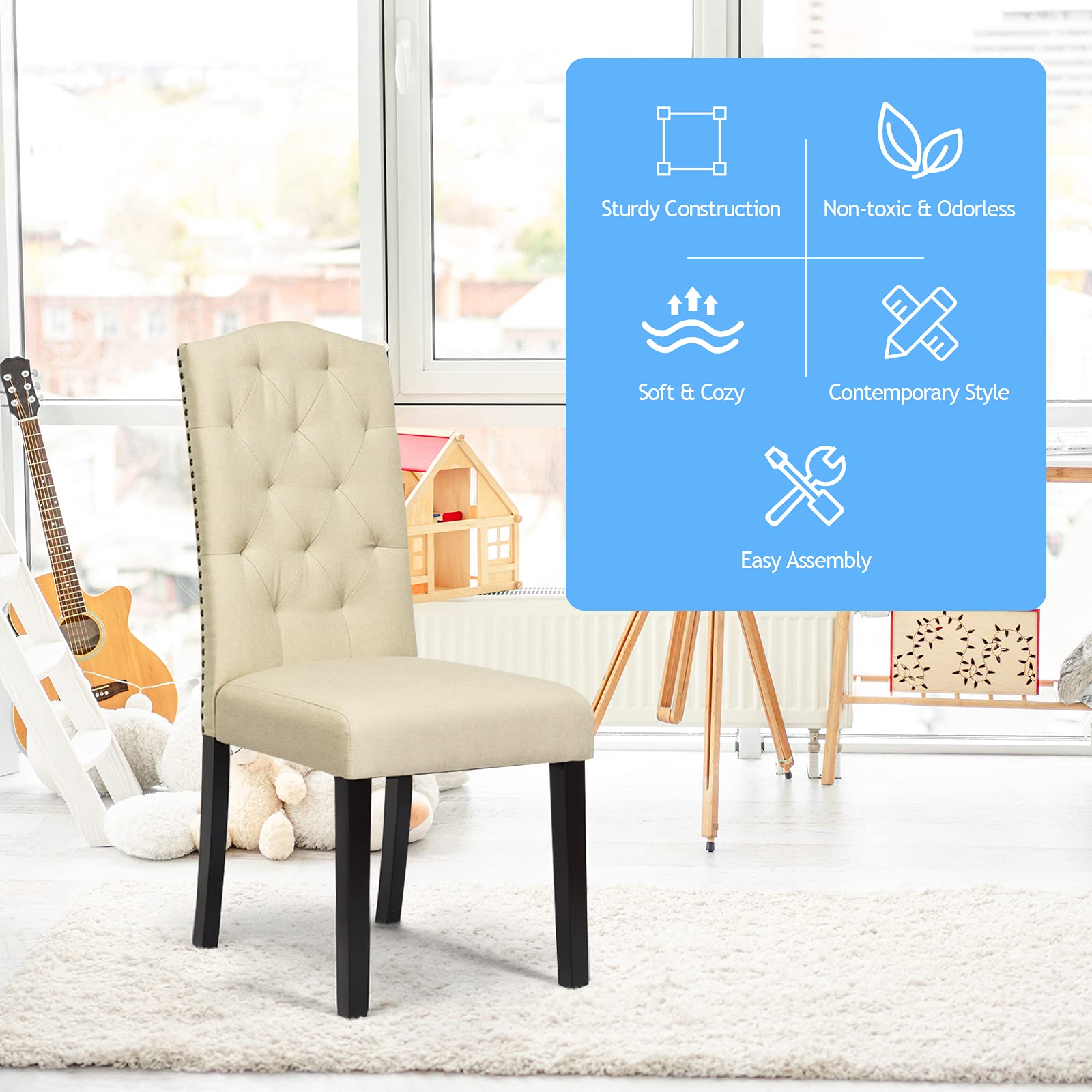 NAFORTSet of 2 Fabric Dining Chairs - Classic High Back Upholstered Parsons Chairs with Solid Rubber Wood Legs for Kitchen, Dining Room & Living Room | Comfortable Padded Seating for Family Meals & Entertaining Guests | Beige Home Decor