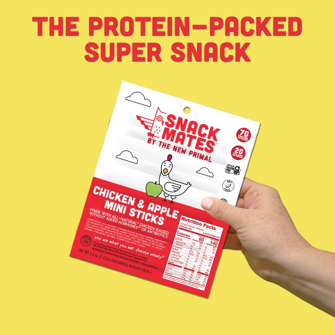 New Primal Snack Mates Chicken & Apple Sticks - Gluten Free, High Protein Healthy Snacks for Kids - 7g Protein, 60 Calories per Stick - Paleo, Keto Friendly Jerky - 40 Pack - Perfect for School Lunches, Hiking & On-the-Go Snacking