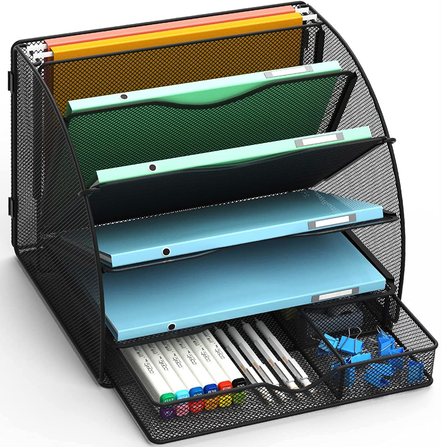 5-Tier Mesh Desk Organizer with Drawer - Fan Shaped File Holder for Office Supplies, Home & School Use - Black | Perfect for Organizing Papers, Stationery & Office Accessories on Work Desk or Study Table