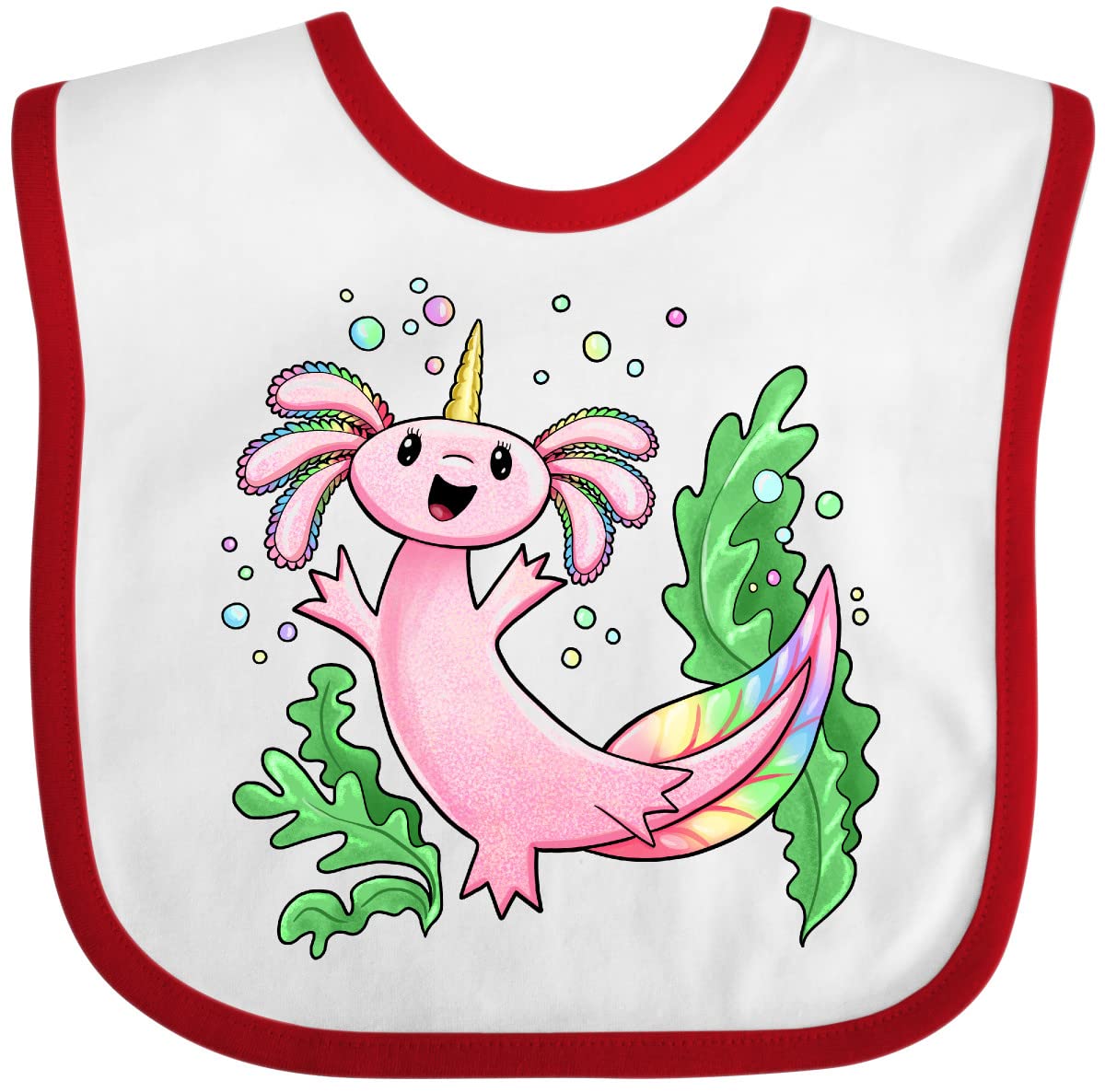 Inktastic Axolotl Unicorn with Rainbow Tail, Bubbles and Seaweed Baby Bib - Cute Waterproof Drool Bib for Infants, Toddlers - Perfect for Feeding, Daycare, Photo Shoots & Gift Giving