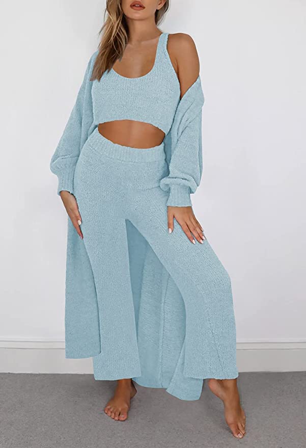 Fixmatti Women's 3-Piece Fuzzy Lounge Set - Open Front Cardigan, Crop Tank Top & Wide Leg Pants | Soft Comfort Outfit for Home, Yoga & Casual Wear | Light Blue, Medium