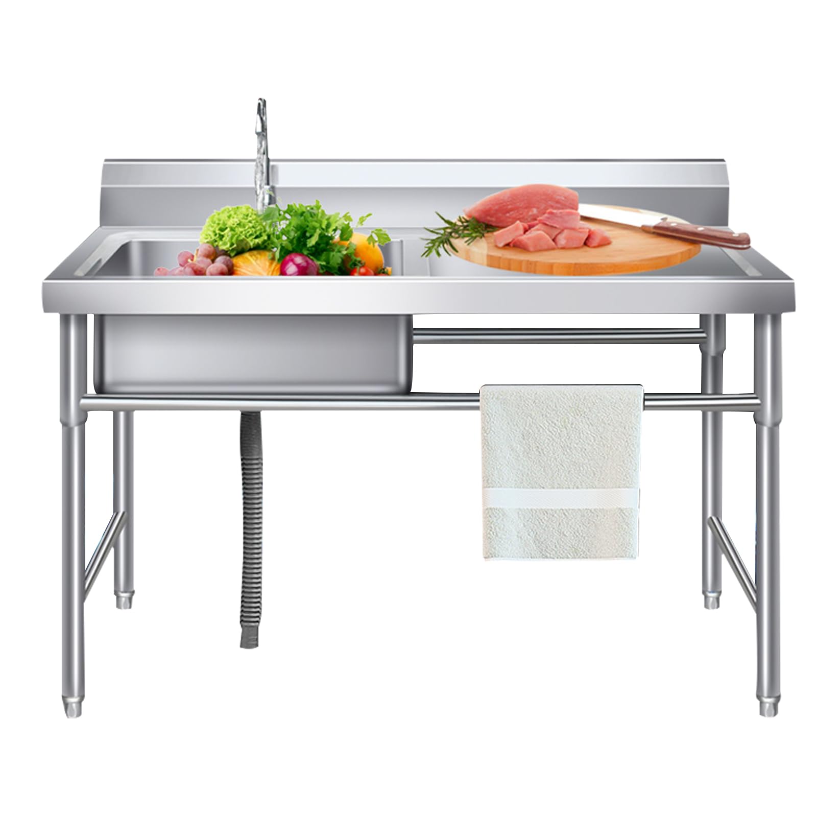 Stainless Steel Commercial Kitchen Sink - Single Bowl Restaurant Sink with Workbench, Durable Hand Wash Basin for Indoor & Outdoor Use (120x60x80cm) - Perfect for Restaurants, Food Trucks, and Outdoor Cooking Areas
