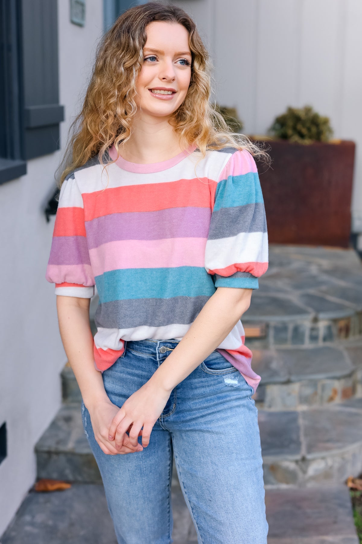 Look Out Teal & Rose Striped Hacci Knit Puff Sleeve Top | Women's Fashion Blouse | Casual & Party Wear | Perfect for Date Nights & Office Outfits