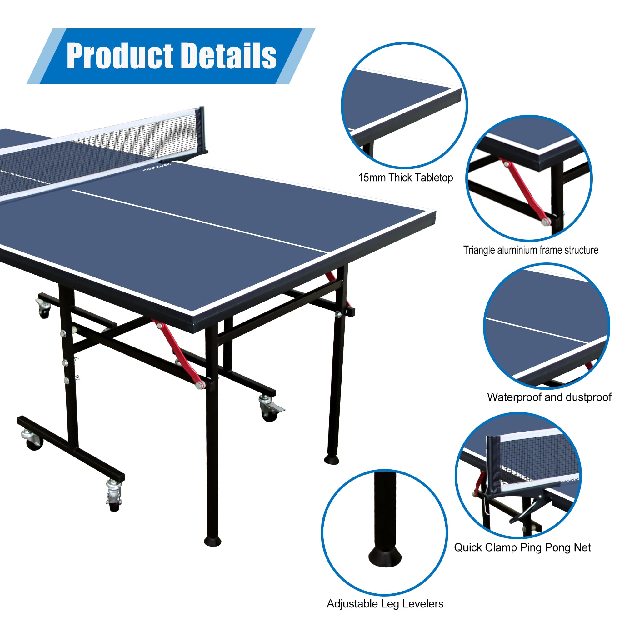 Mid-Size Foldable Indoor Outdoor Table Tennis Table with Quick Clamp Ping Pong Net & Post Set - Black & Blue - Perfect for Home, Office, and Recreational Use