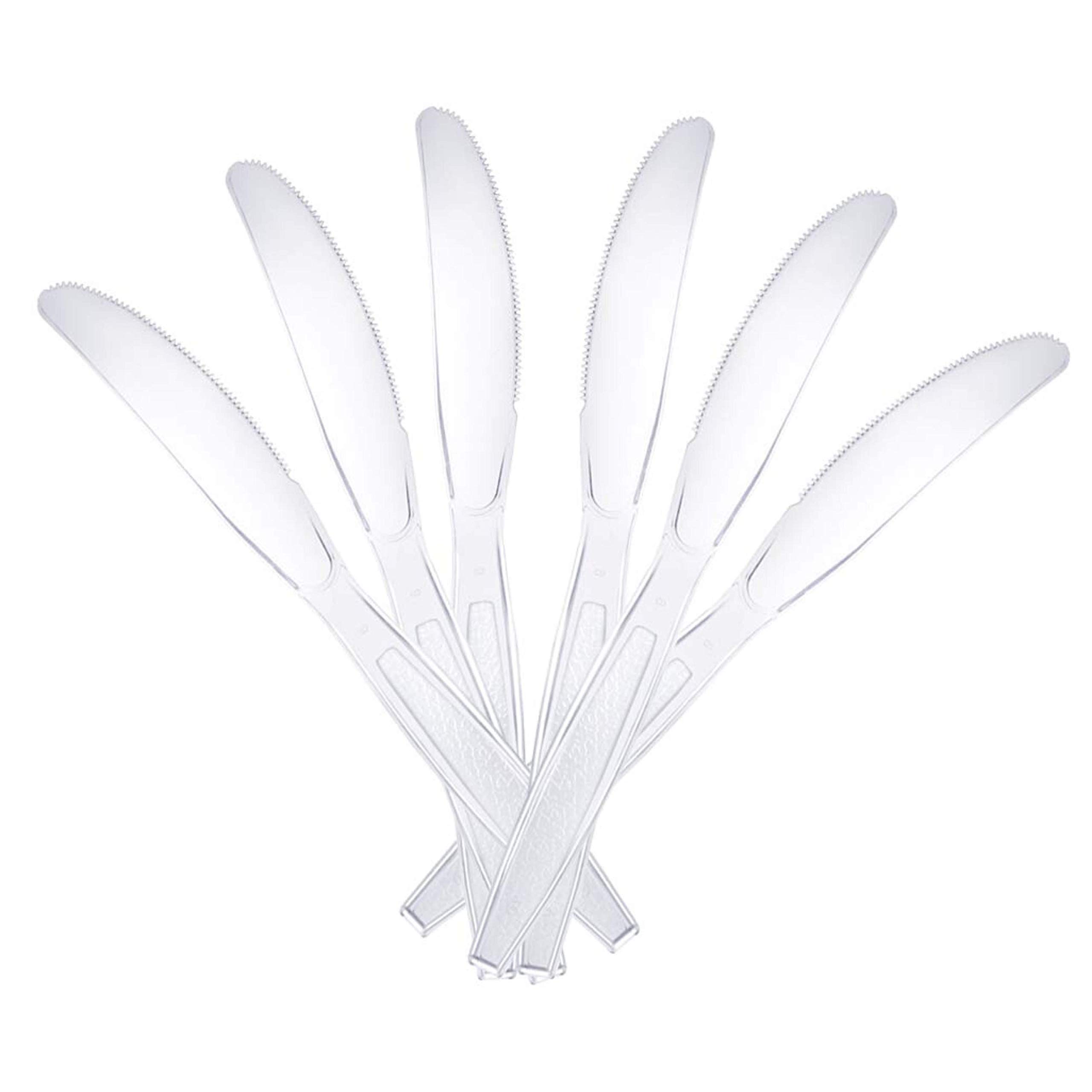 Netko Heavy Duty Plastic Knives - 300 Pack Disposable Clear Plastic Cutlery with Engraved Design for Parties, Picnics & Catering Events | BPA-Free Durable Plastic Knives