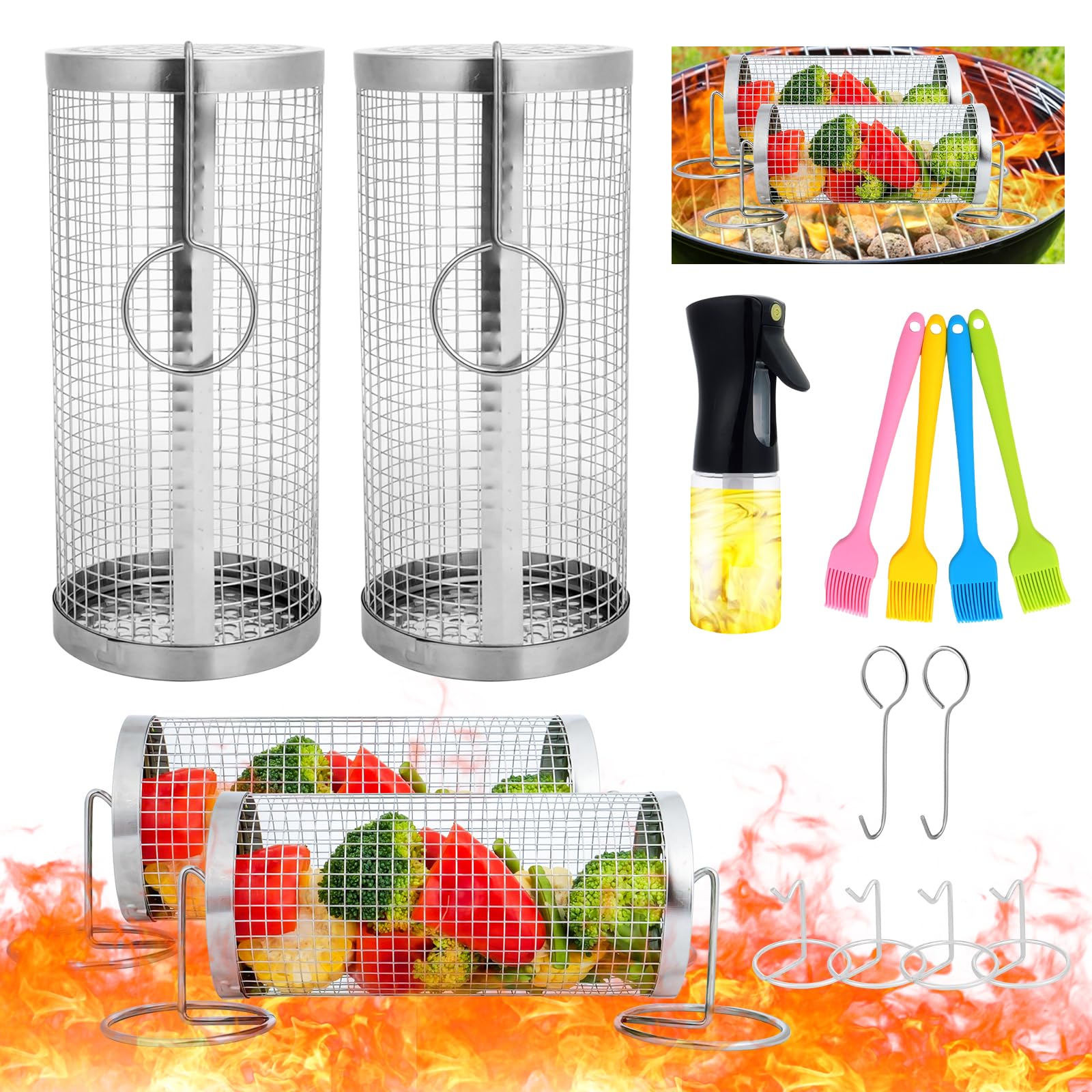 2-Pack Stainless Steel Round Grill Basket for BBQ, Outdoor Cooking & Camping – Perfect for Grilling Meat, Vegetables, Chips & More on Gas or Charcoal Grills