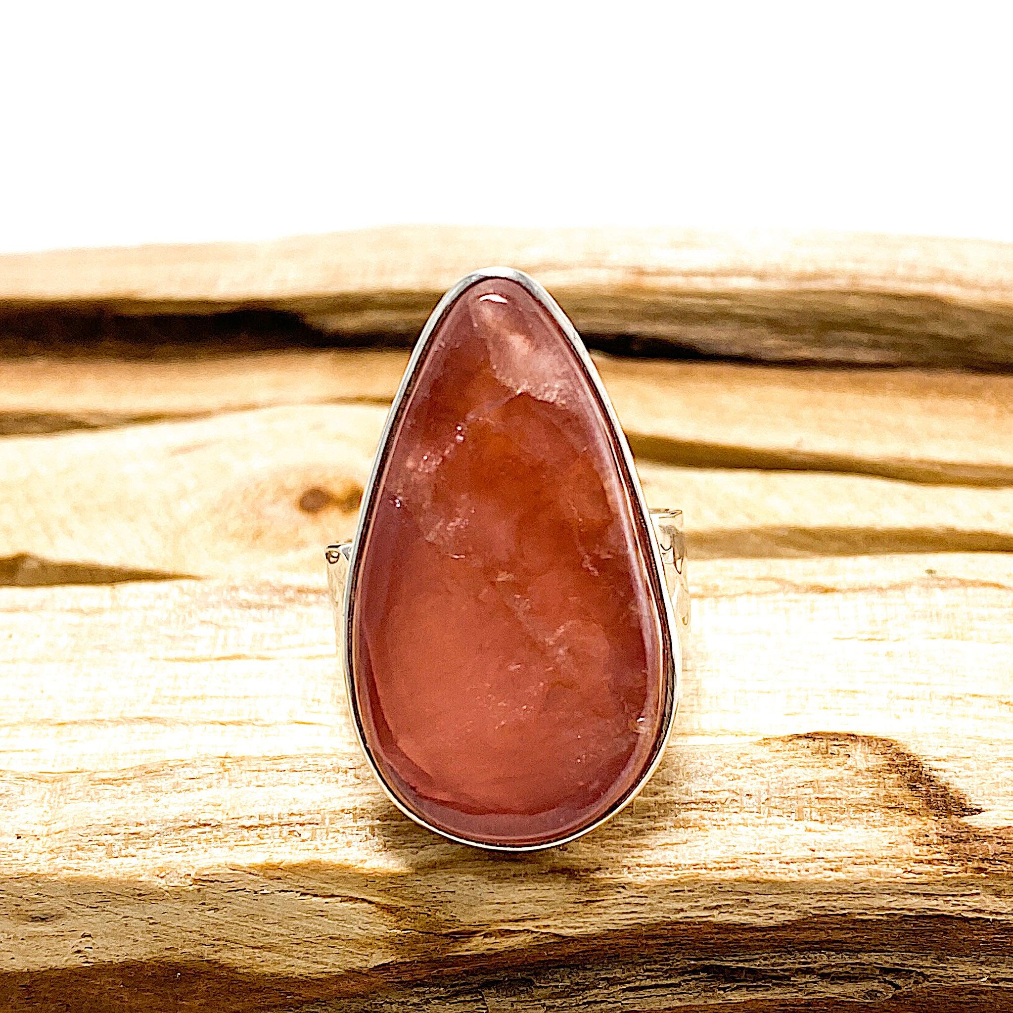 Rhodochrosite Teardrop Cabochon Ring with Beaten Band - Size 7.5 (KRGJ461) - Elegant Handmade Jewelry for Women, Perfect for Weddings, Parties & Special Occasions