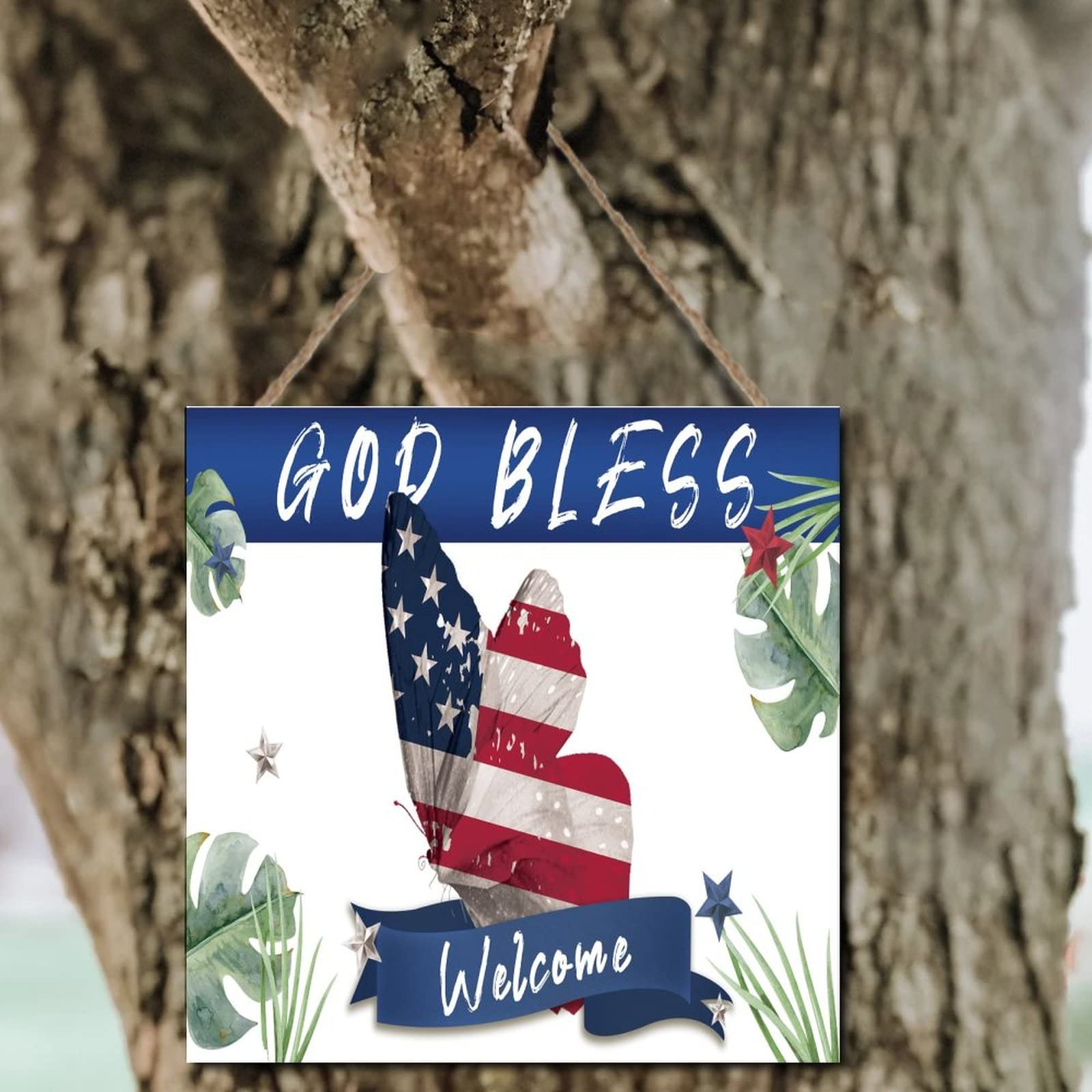 American Flag Wooden Plaque - Patriotic Butterfly Decor with 'God Bless America' Engraving | Rustic Farmhouse Wall Art, 4th of July Independence Day Gift | Perfect for Front Door Decor, Country Home, Barn Accent & Patriotic Holiday Displays