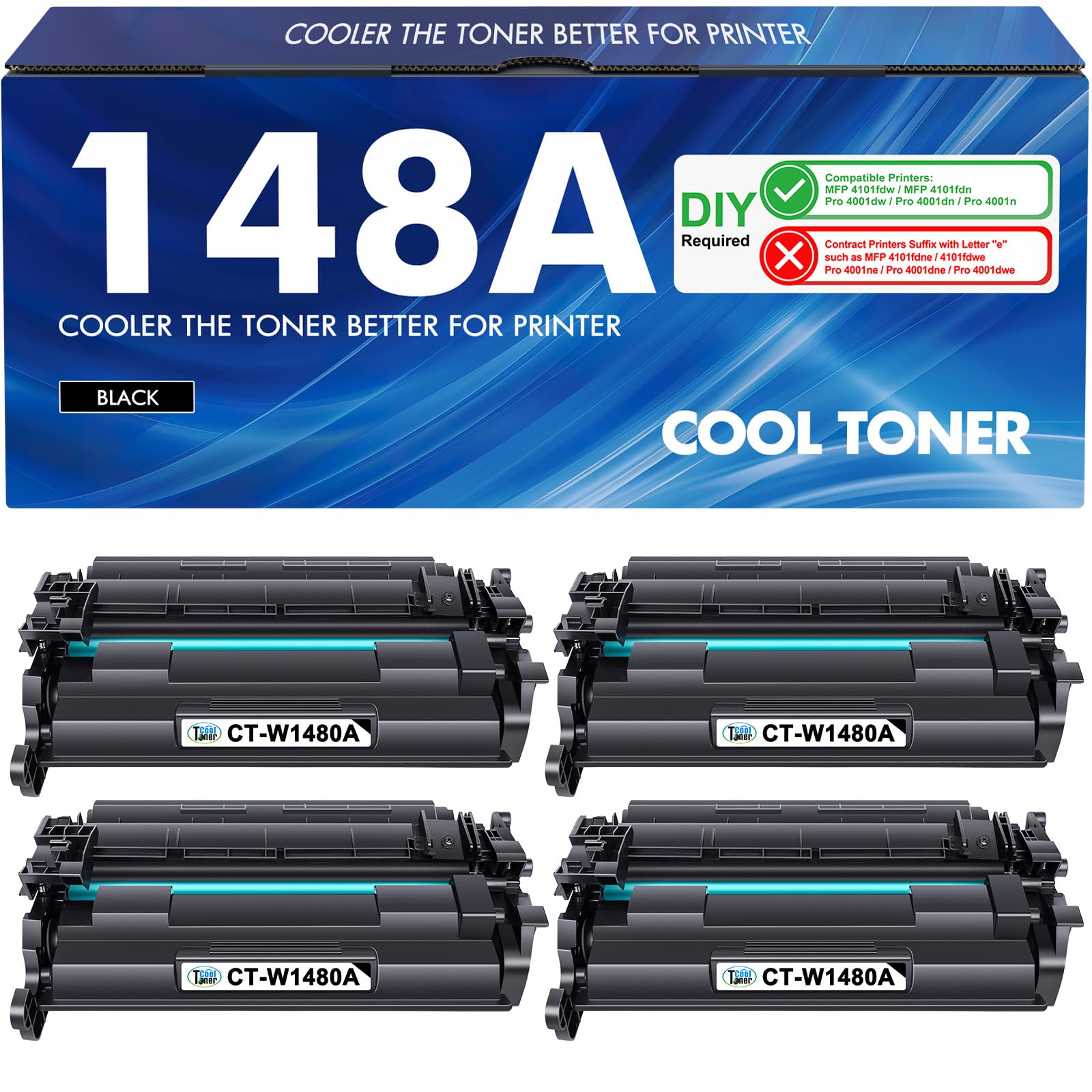 HP 148A W1480A Black Toner Cartridge - 4 Pack Compatible Replacement for HP 148A/148X/W1480A/W1480X - Works with HP LaserJet MFP 4101fdw/4101fdn/Pro 4001dw/4001dn/4001n Printers - Ideal for Office & Home Printing Needs