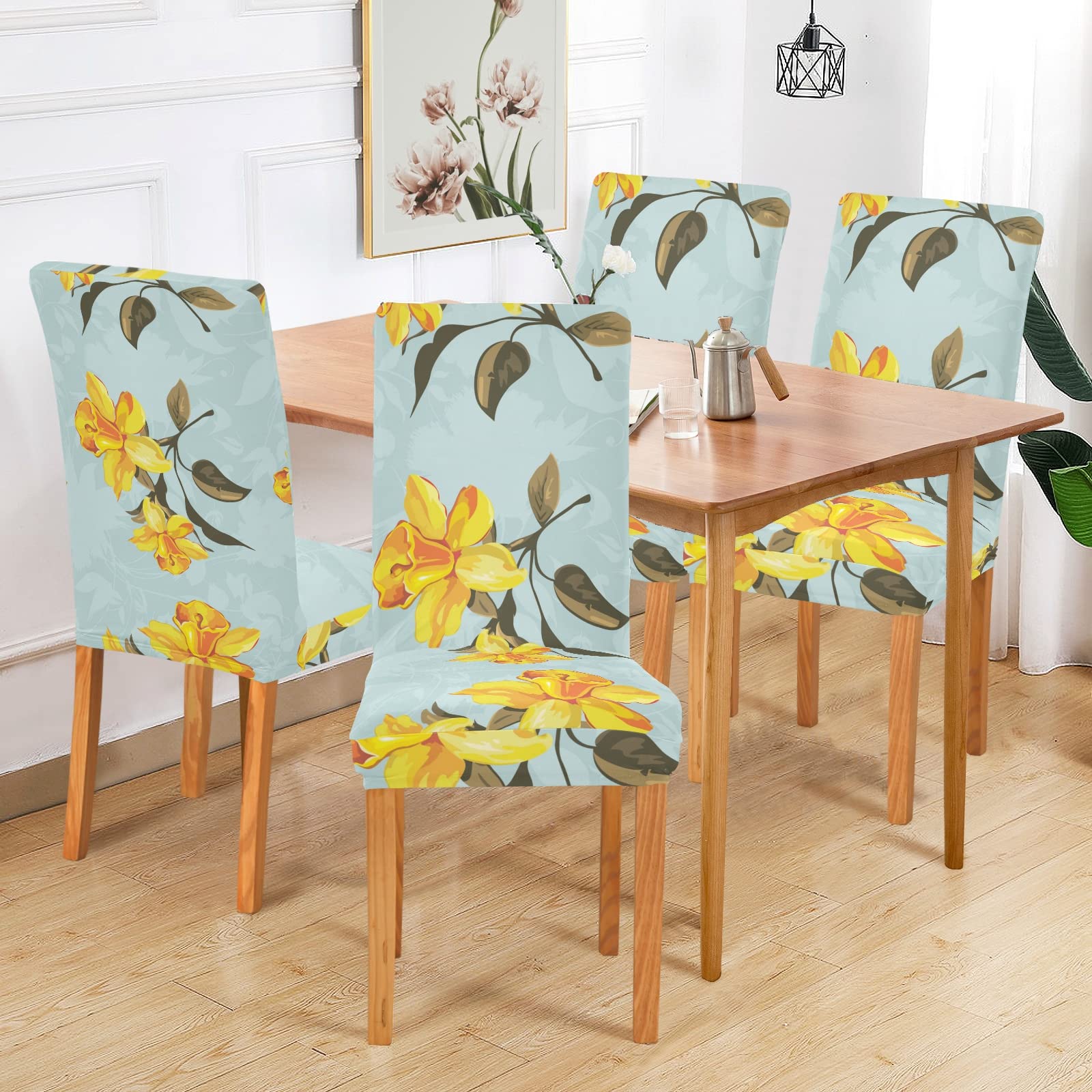 Yellow Floral Dining Chair Covers Set of 2 - Washable & Stretchable Slipcovers for Dining Chairs - Perfect for Home, Restaurant, Wedding & Party Decor