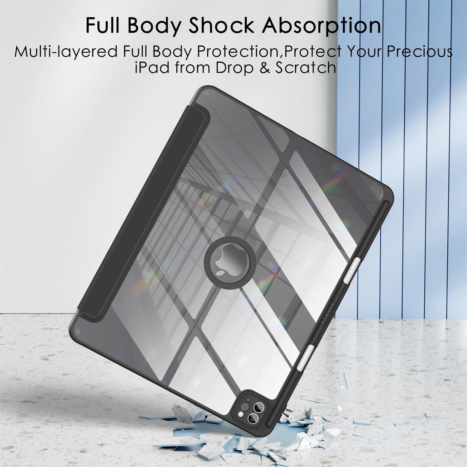 Soke Clear Shockproof Case for iPad Air 13 Inch (M3 2025 & M2 2024) & iPad Pro 12.9 Inch - Built-in Apple Pencil Holder, Auto Sleep/Wake, Camera Protection - Perfect for Work, Study & Travel - Black