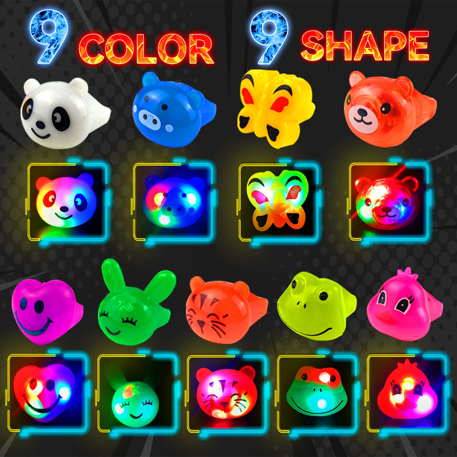 Wakestar 24 Pack LED Light Up Bumpy Rings - Glow Party Favors for Kids, Birthday Prizes, Classroom Rewards & Treasure Box Toys - Fun for Night Parties, Halloween & Christmas Celebrations