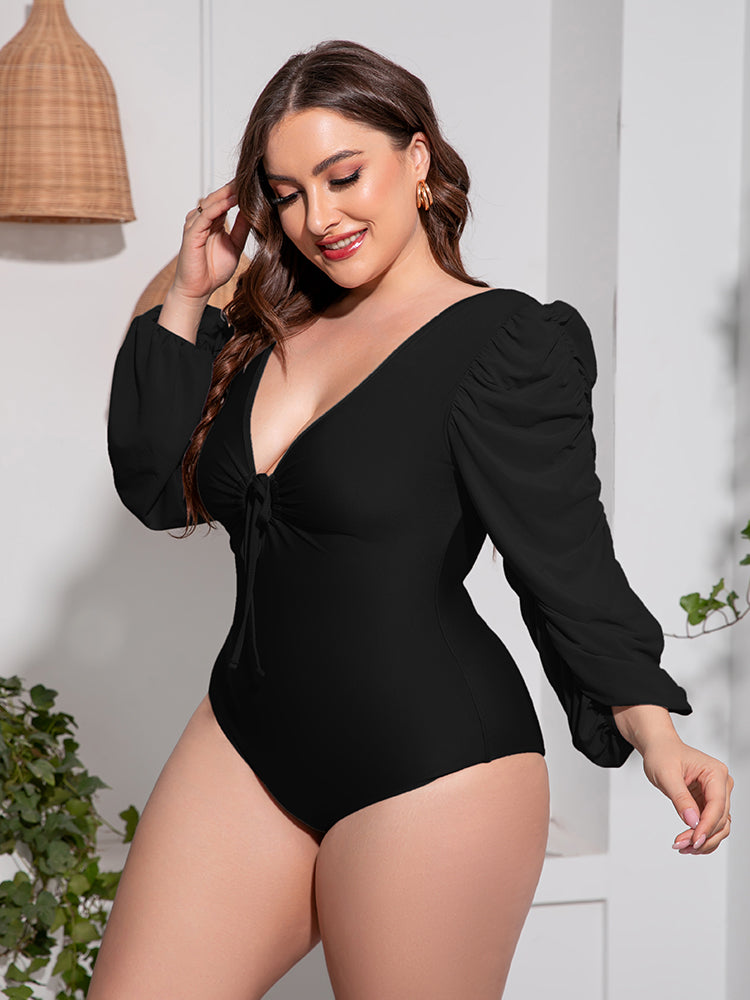 Plus Size Tied Deep V Balloon Sleeve One Piece Swimsuit for Women - Flattering Swimwear for Curvy Figures | Beach, Pool & Vacation Wear