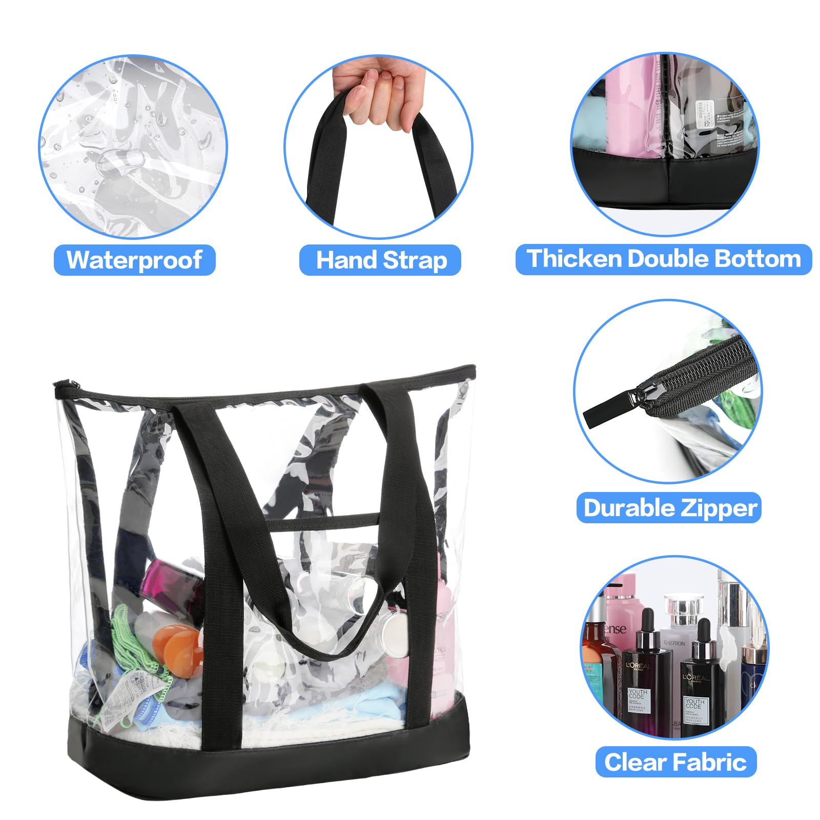 HAOGUAGUA Extra Large Clear Cosmetic Toiletry Bag - Waterproof Transparent PVC Makeup Organizer with Handles (Black) | Perfect for Travel, Gym & Daily Essentials Storage