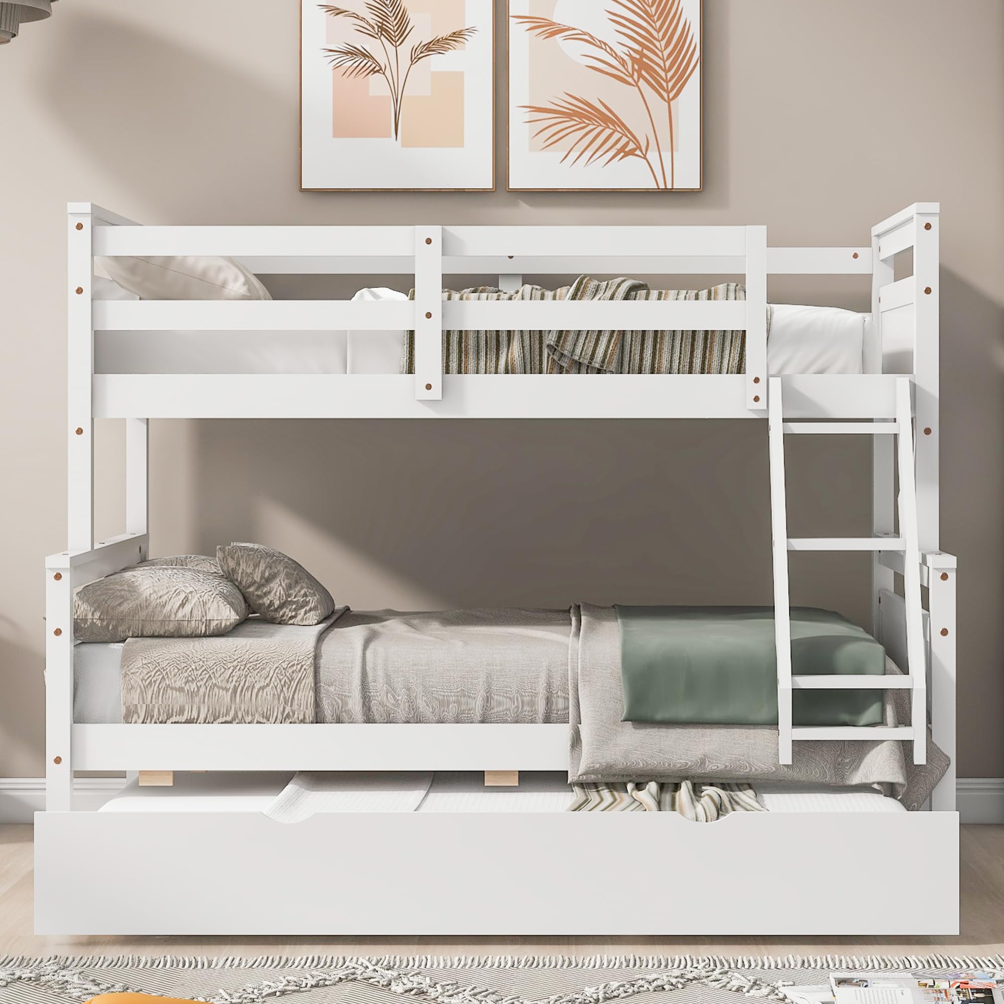 Merax Twin Over Full Wood Bunk Bed with Trundle - Solid Wood Frame, Guardrail & Ladder - White - Space-Saving Kids Bedroom Furniture for Sleepovers & Small Rooms
