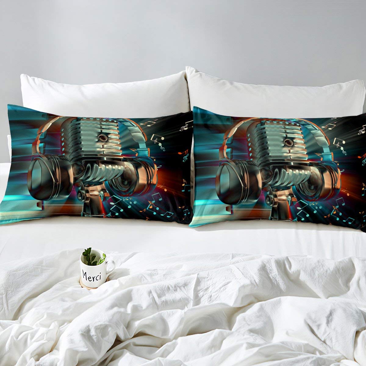 Erosebridal Music Themed Bedding Set - Twin Size Duvet Cover with Musical Notes, Headphones, and Microphone Design - Blue Quilt Cover with Zipper for Kids, Boys & Teens - Perfect for Rock & Hip Hop Fans' Bedroom Decor - Great Gift for Music Lovers & Teen Room Makeover