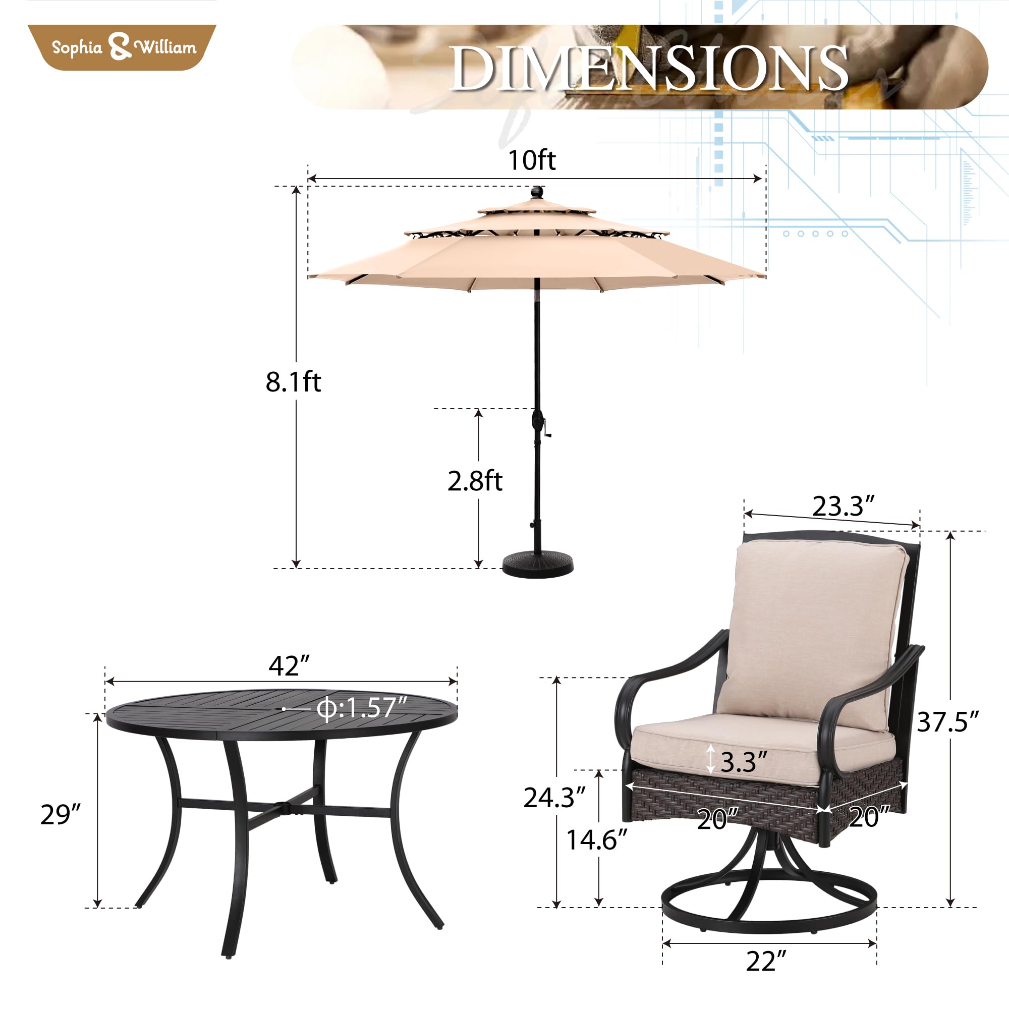 Sophia & William 6-Piece Outdoor Patio Dining Set with 4 Padded Swivel Rocker Chairs, Round Metal Table & 10ft Auto-Tilt Beige Umbrella - Perfect for Backyard BBQs, Poolside Relaxation and Garden Gatherings